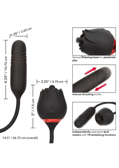 Zwarte vibratorset met afmetingen: staaf, tulpvormige kop en lusvormige kabel.