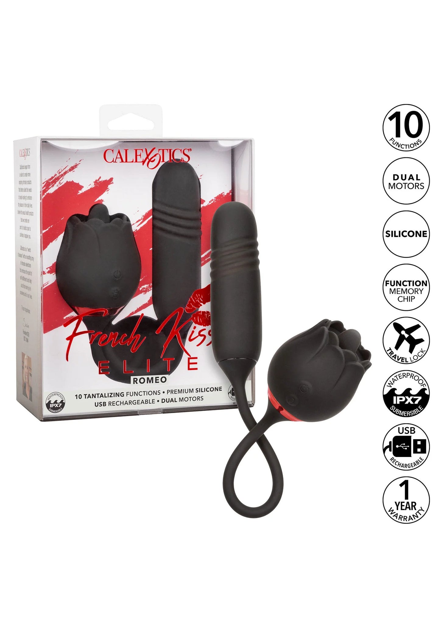 Verpakking van CalExotics French Kiss Elite Romeo vibrator met rode accenten en functielogo's.