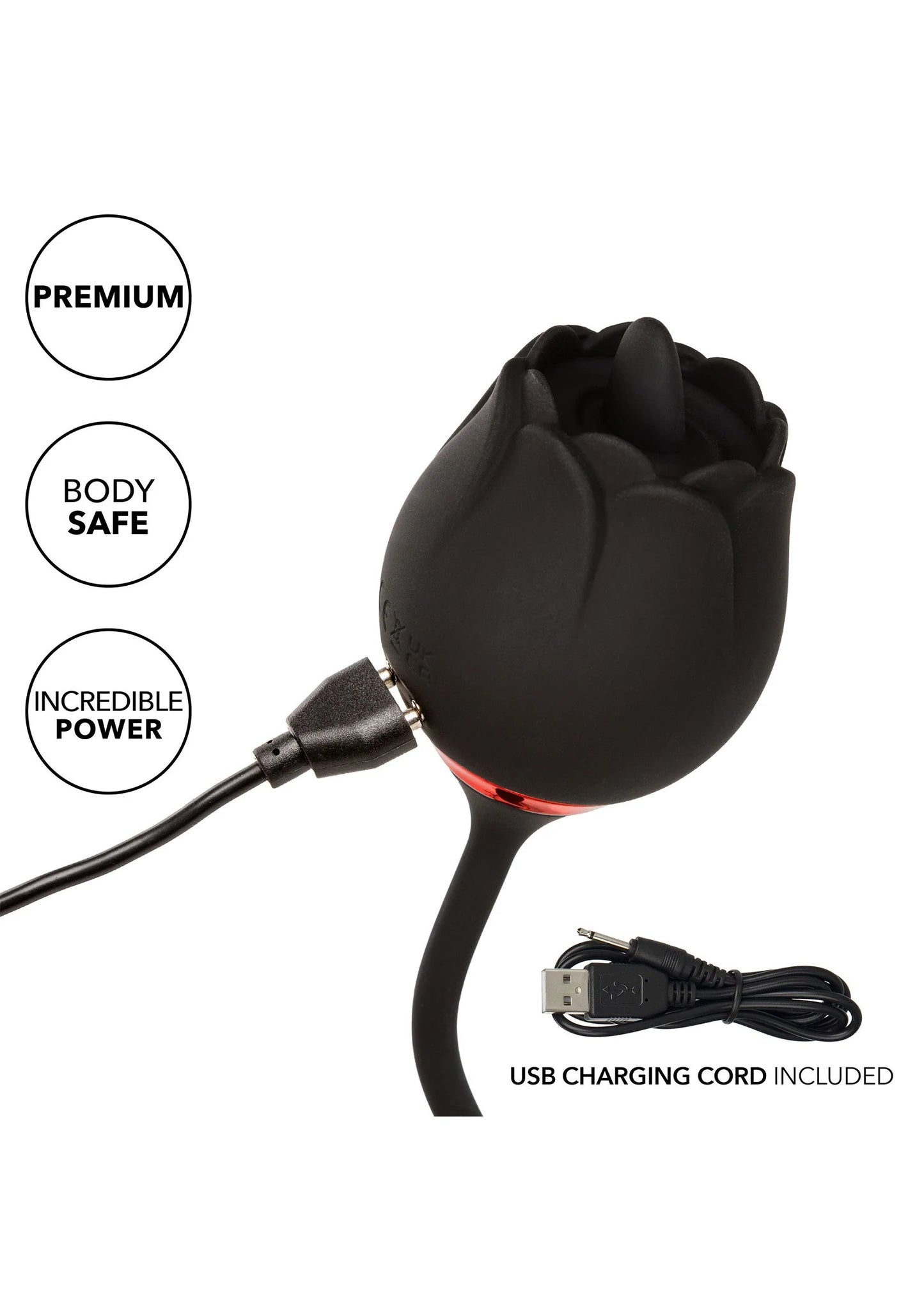 Zwarte vibrator met geveerde bloemenkop en USB-oplaadkabel