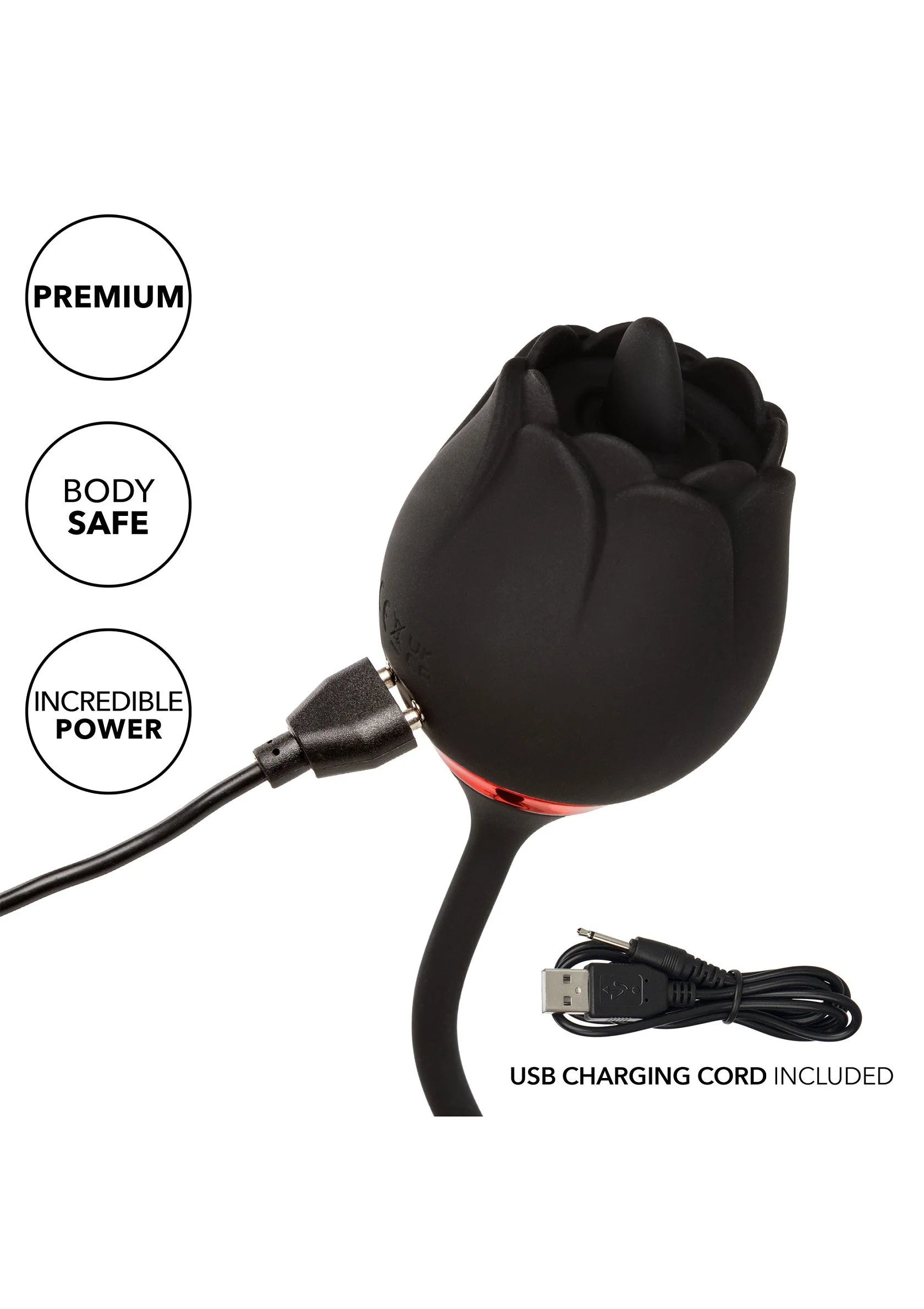 Zwarte vibrator met geveerde bloemenkop en USB-oplaadkabel