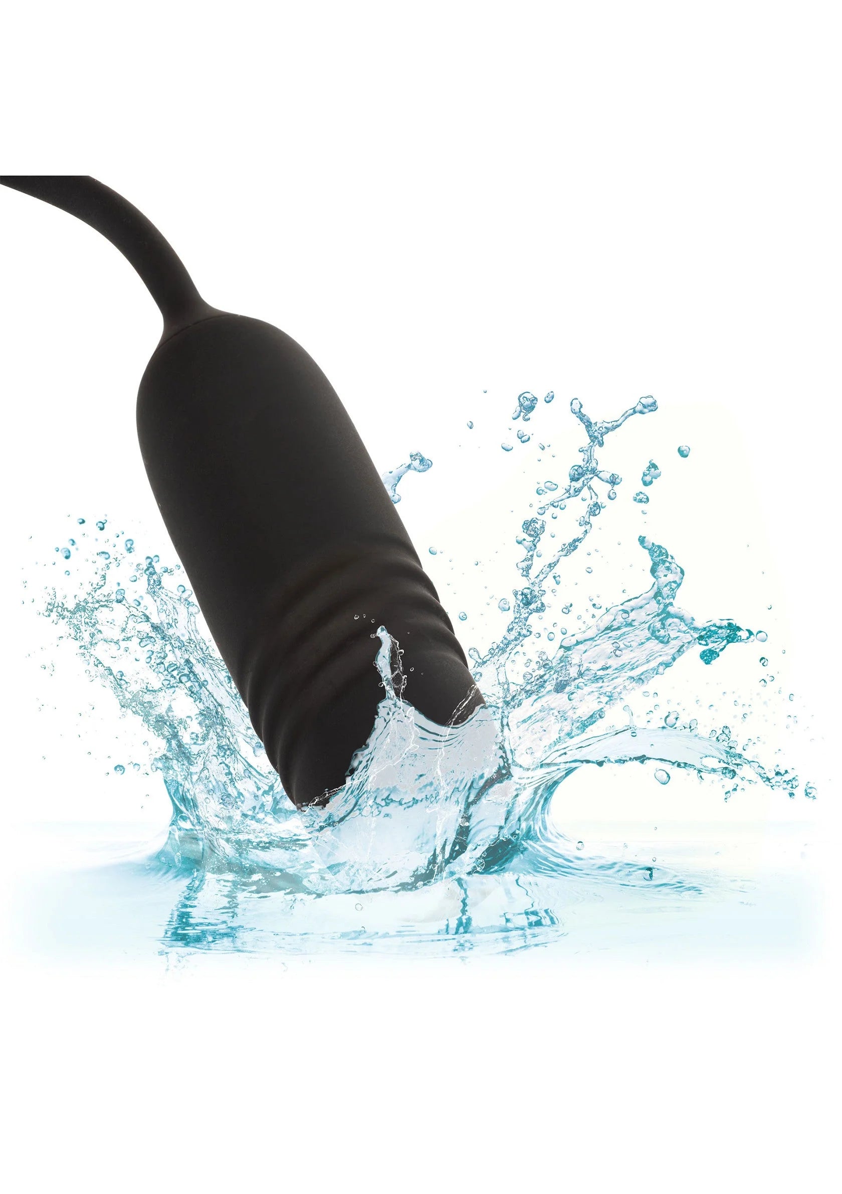 Zwarte vibrator met druppelvormige kop, getoond met waterplons