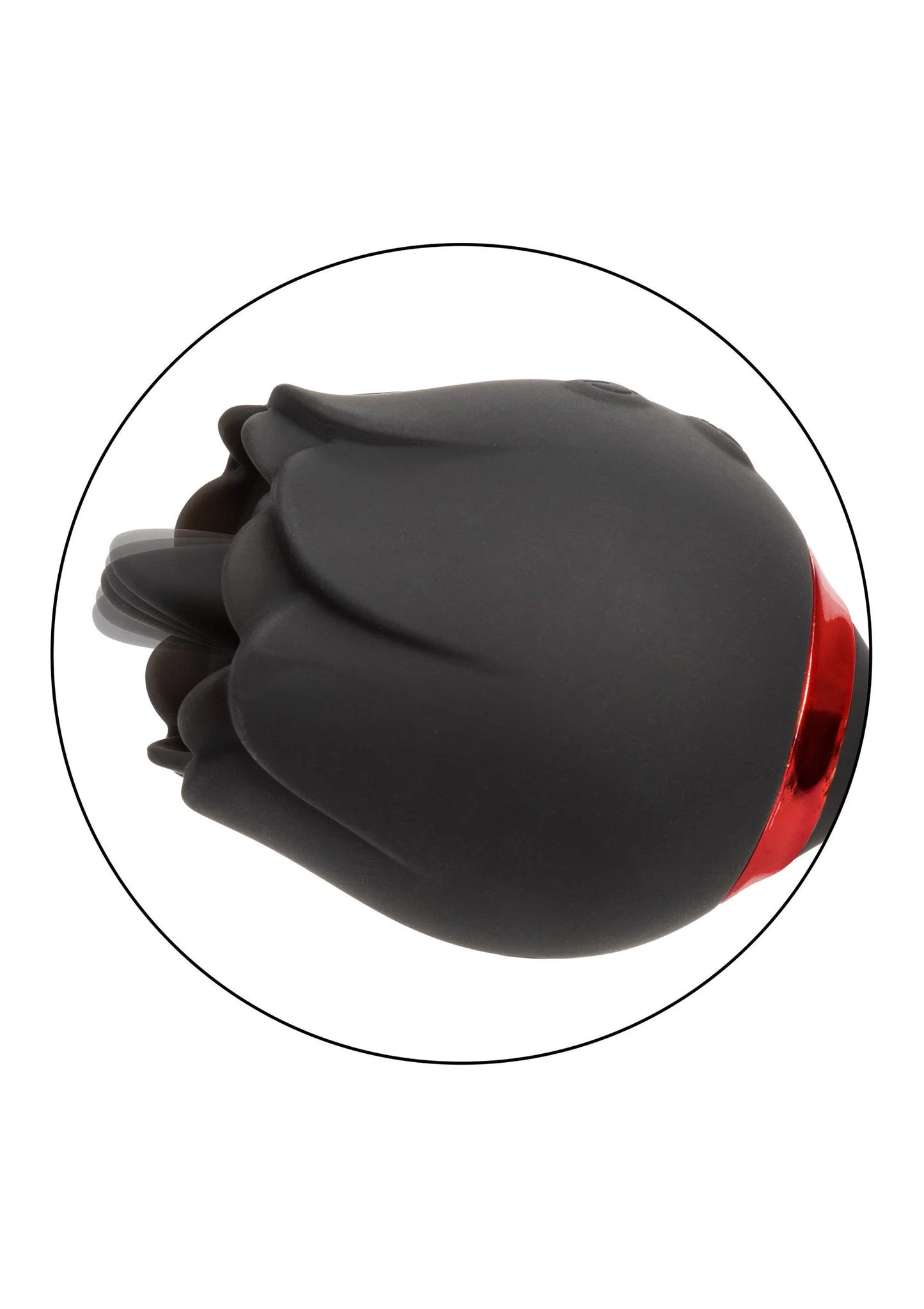 Zwarte vibratorkop met rode detailring aan de zijkant en gebogen opengewerkte vorm.