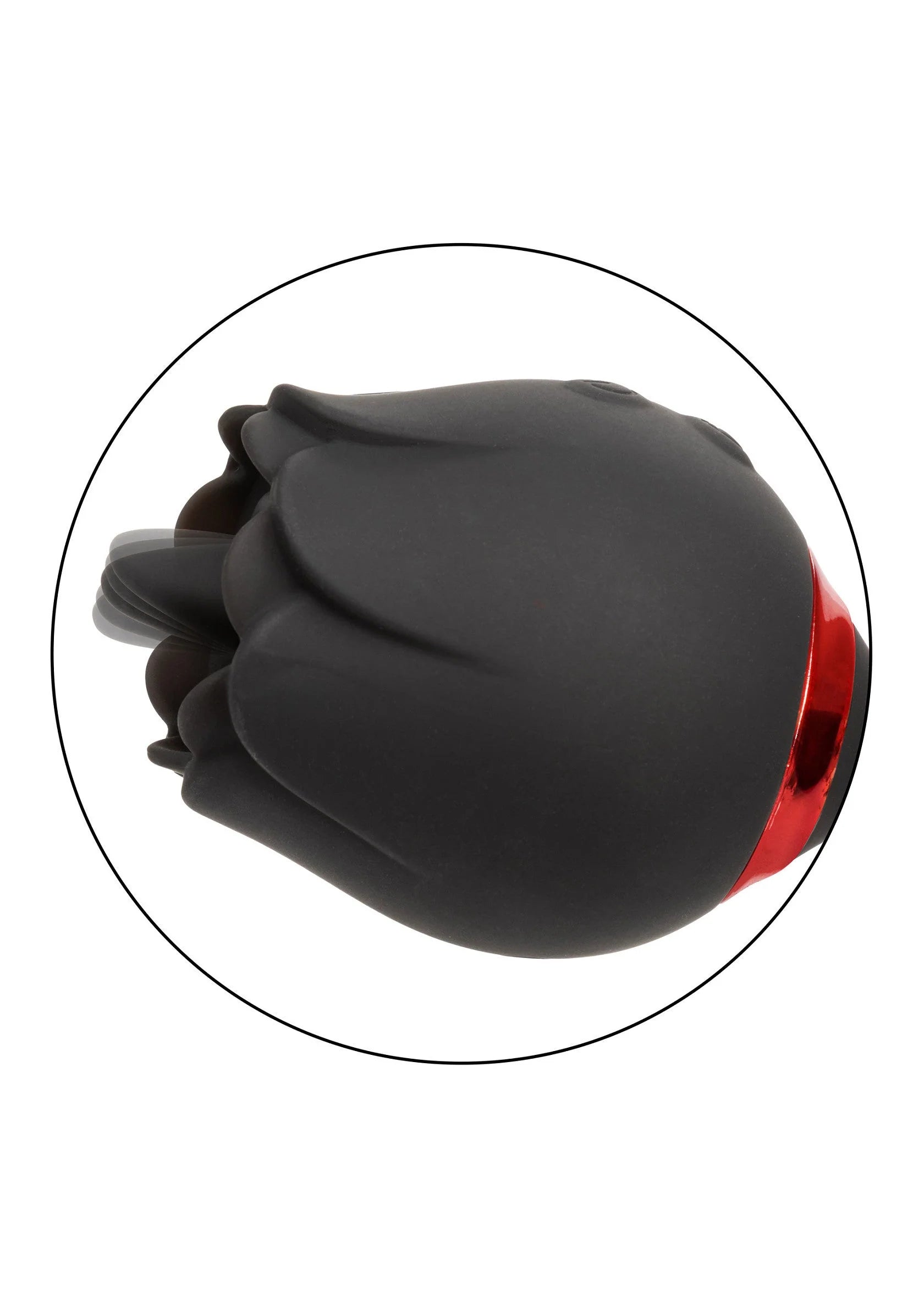 Zwarte vibratorkop met rode detailring aan de zijkant en gebogen opengewerkte vorm.