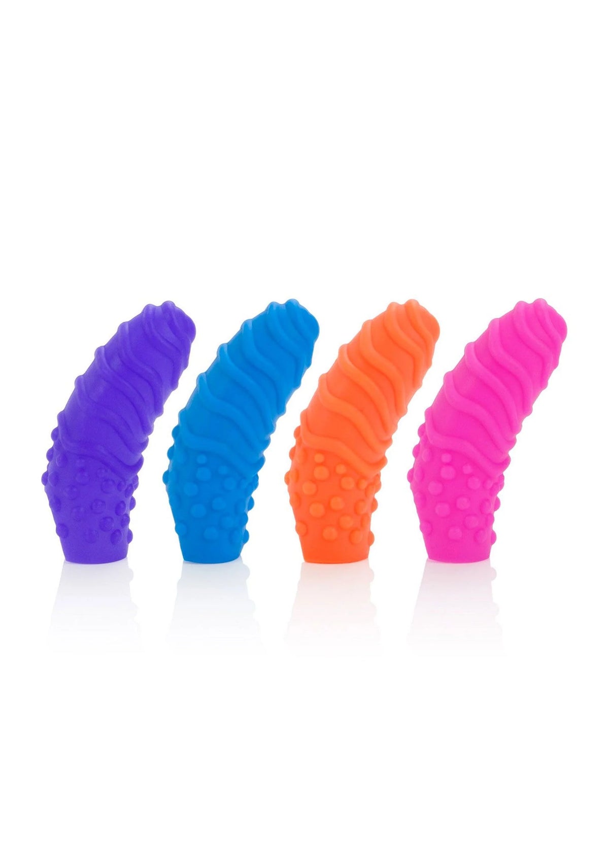 Vier siliconen vingerhulzen met swirl-textuur, in paars, blauw, oranje en roze