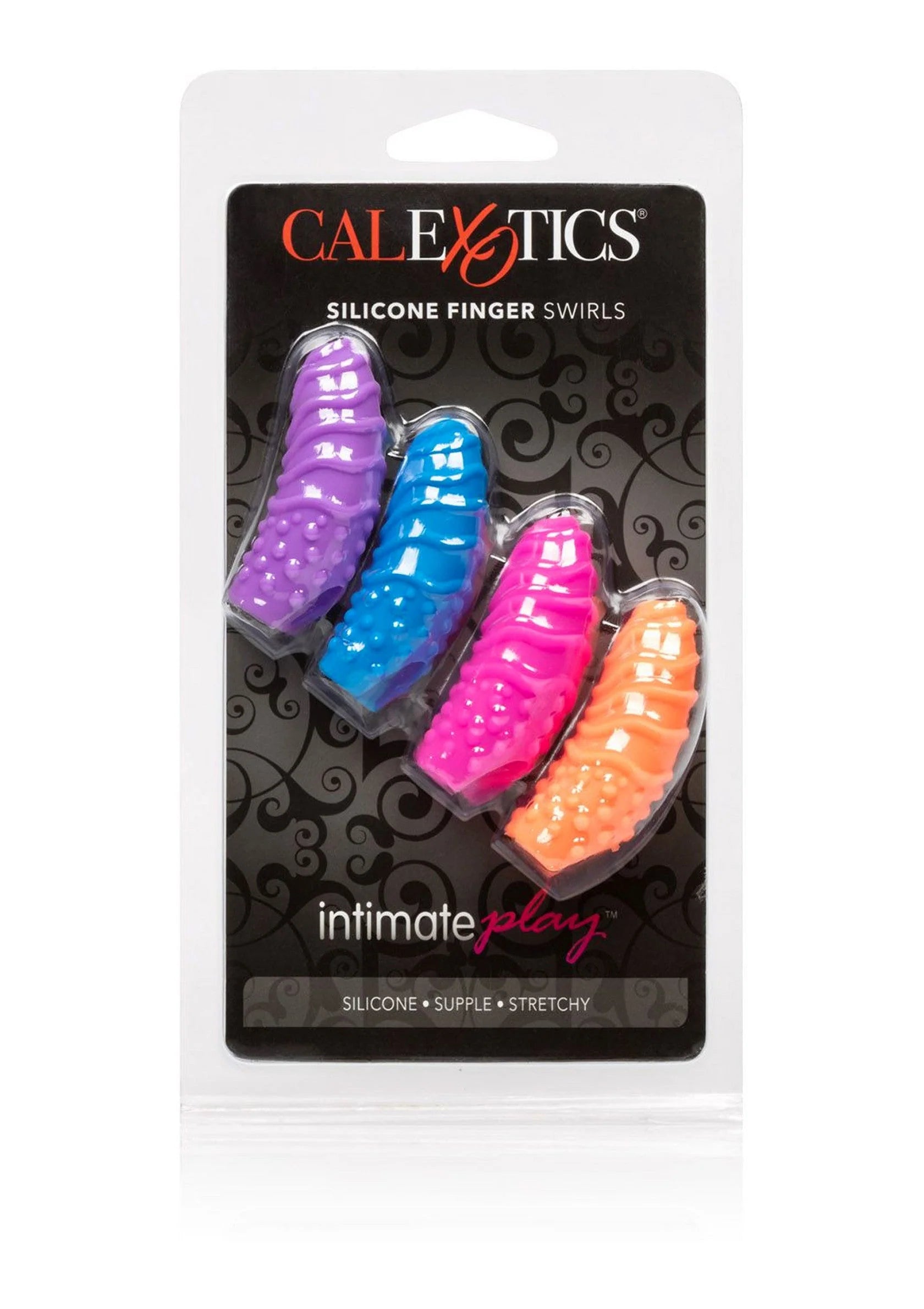 CalExotics productverpakking met vier siliconen vingerhulzen: paars, blauw, roze en oranje