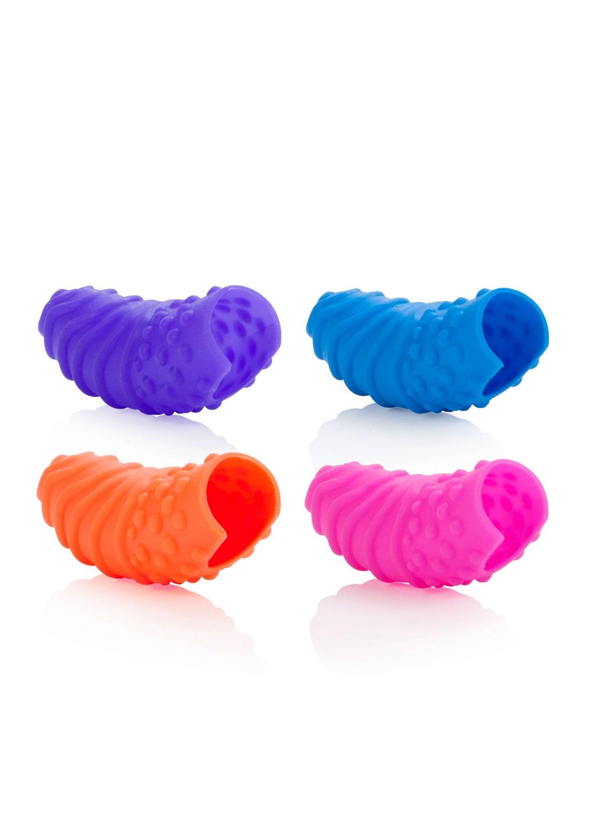 Vier siliconen vingerhulzen met swirl-patroon: paars, blauw, oranje en roze (detail)