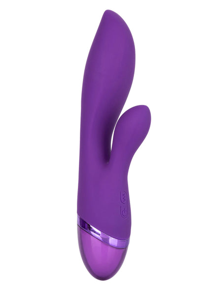 CalExotics Aura dubbele stimulator paars, close-up van gebogen vorm en basisring