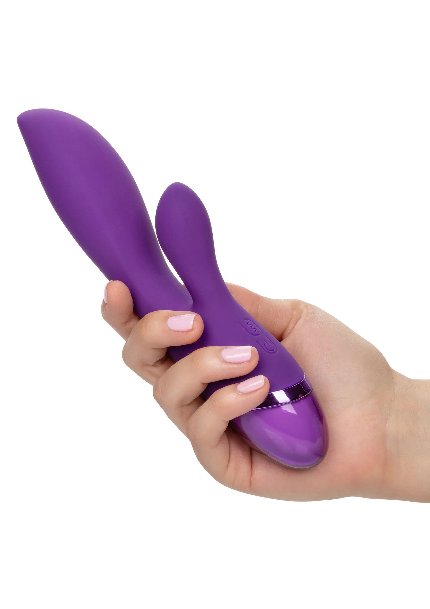 Paarse dual-liefdesvibrator in hand, met twee stimulatiepunten.