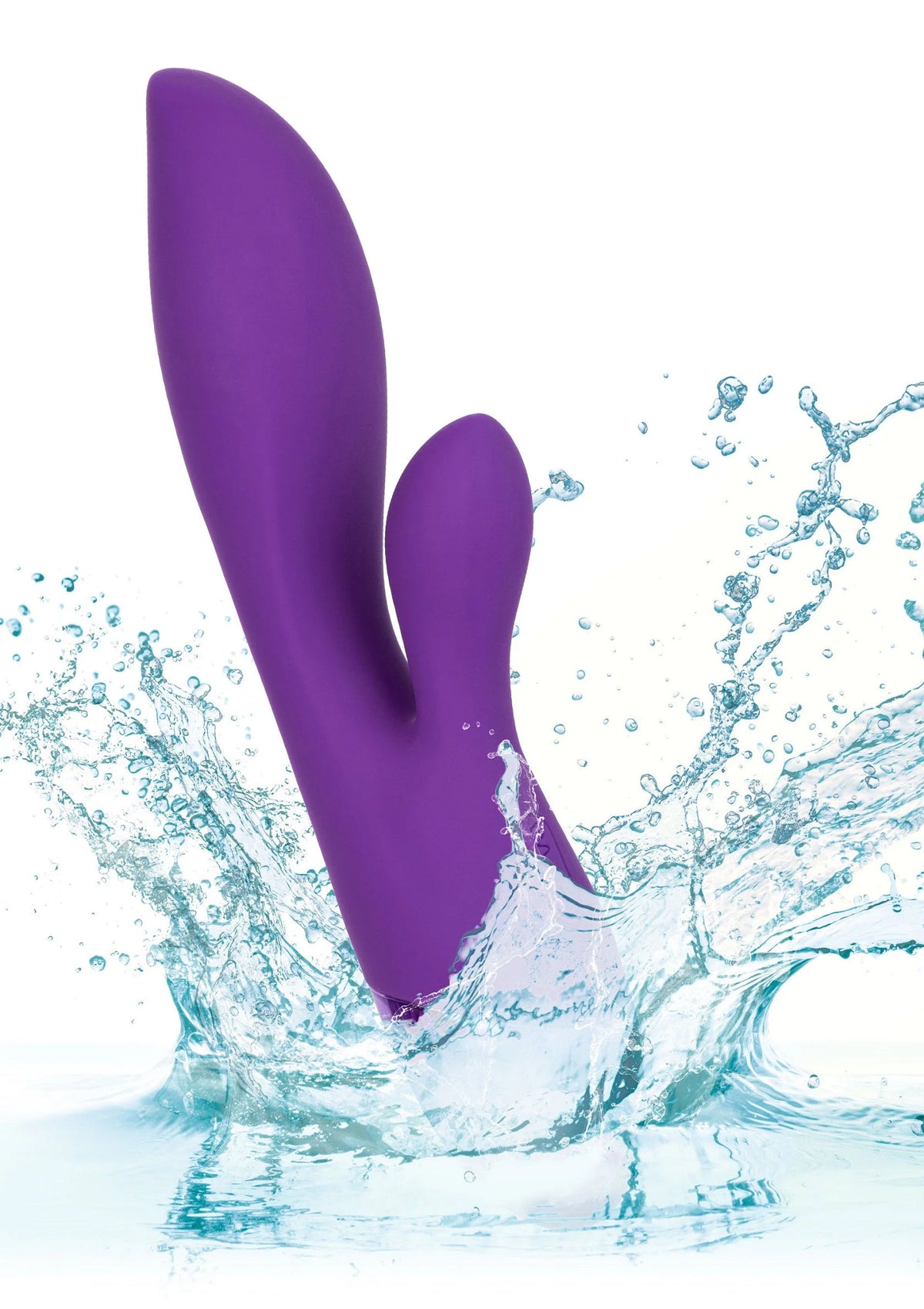 Paarse dual-liefdesvibrator met twee uiteinden, omringd door waterdruppels.