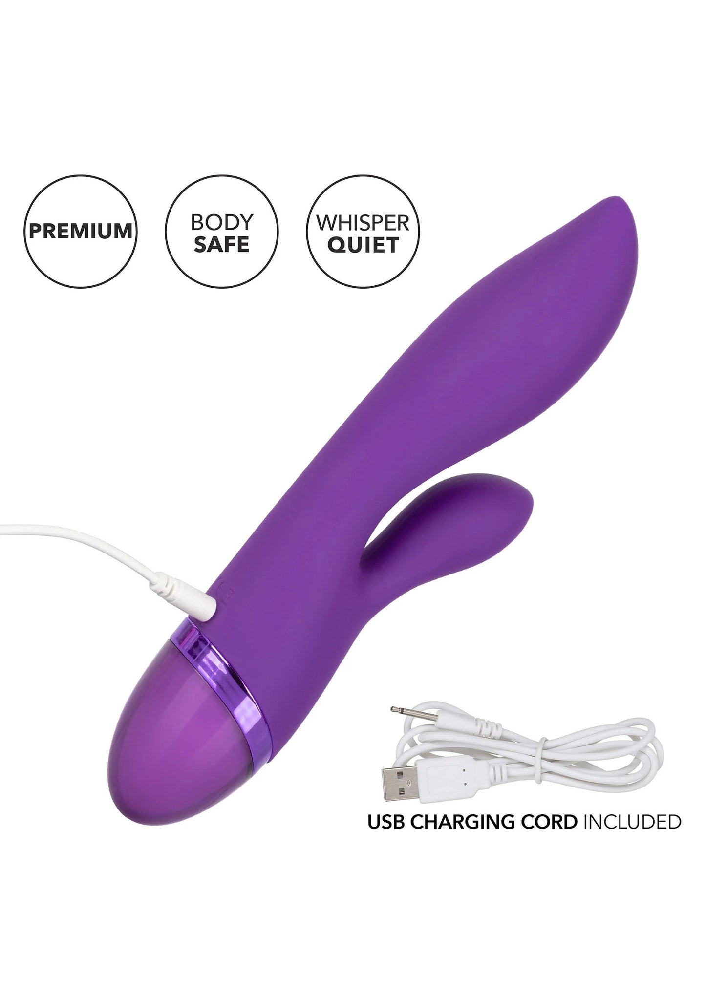 Paarse dual-liefdesvibrator met USB-oplaadkabel en twee gebogen uiteinden.