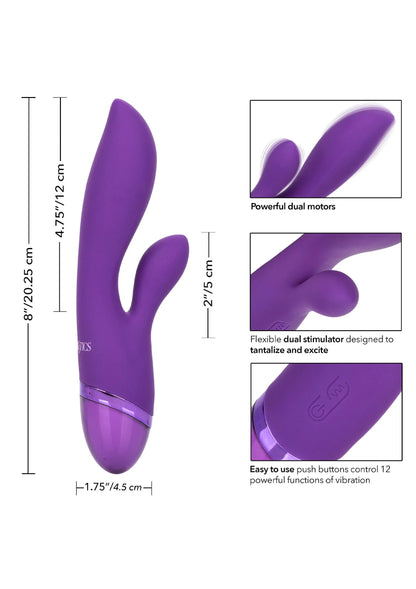 Paarse dual-liefdesvibrator met twee flexibele uiteinden en afmetingen.