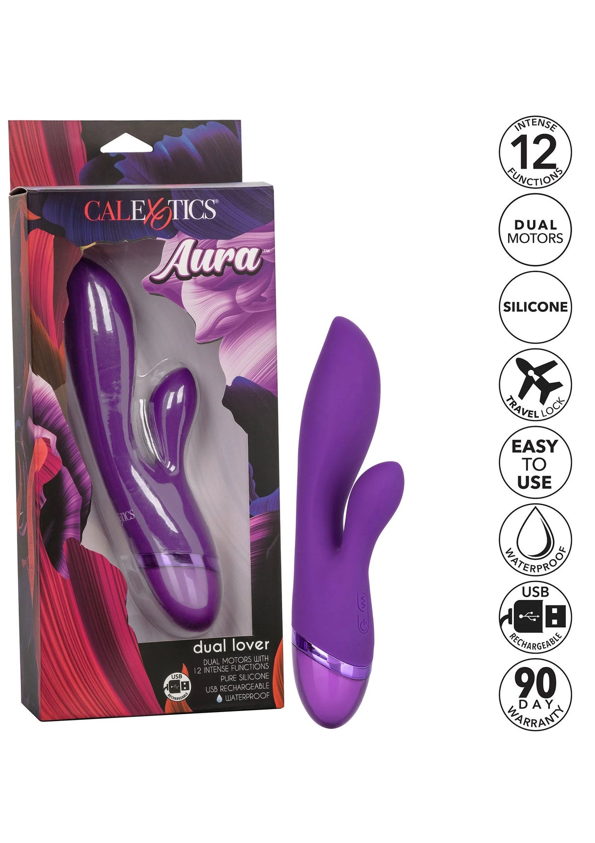 Paarse dual-liefdesvibrator met twee stimulatiepunten naast de doos.