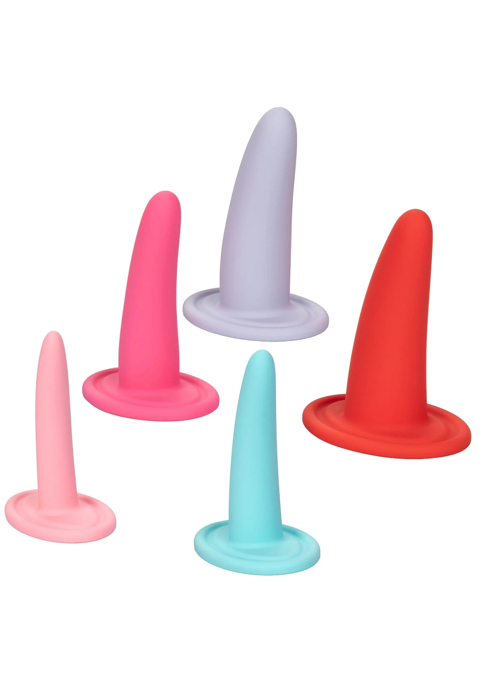 Vijf draagbare vaginale dilatators in roze, paars, grijs, blauw en rood