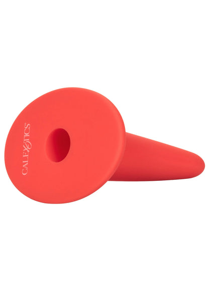 Rode vaginale dilatator met ronde schijfkop, ovale opening en CalExotics-opschrift