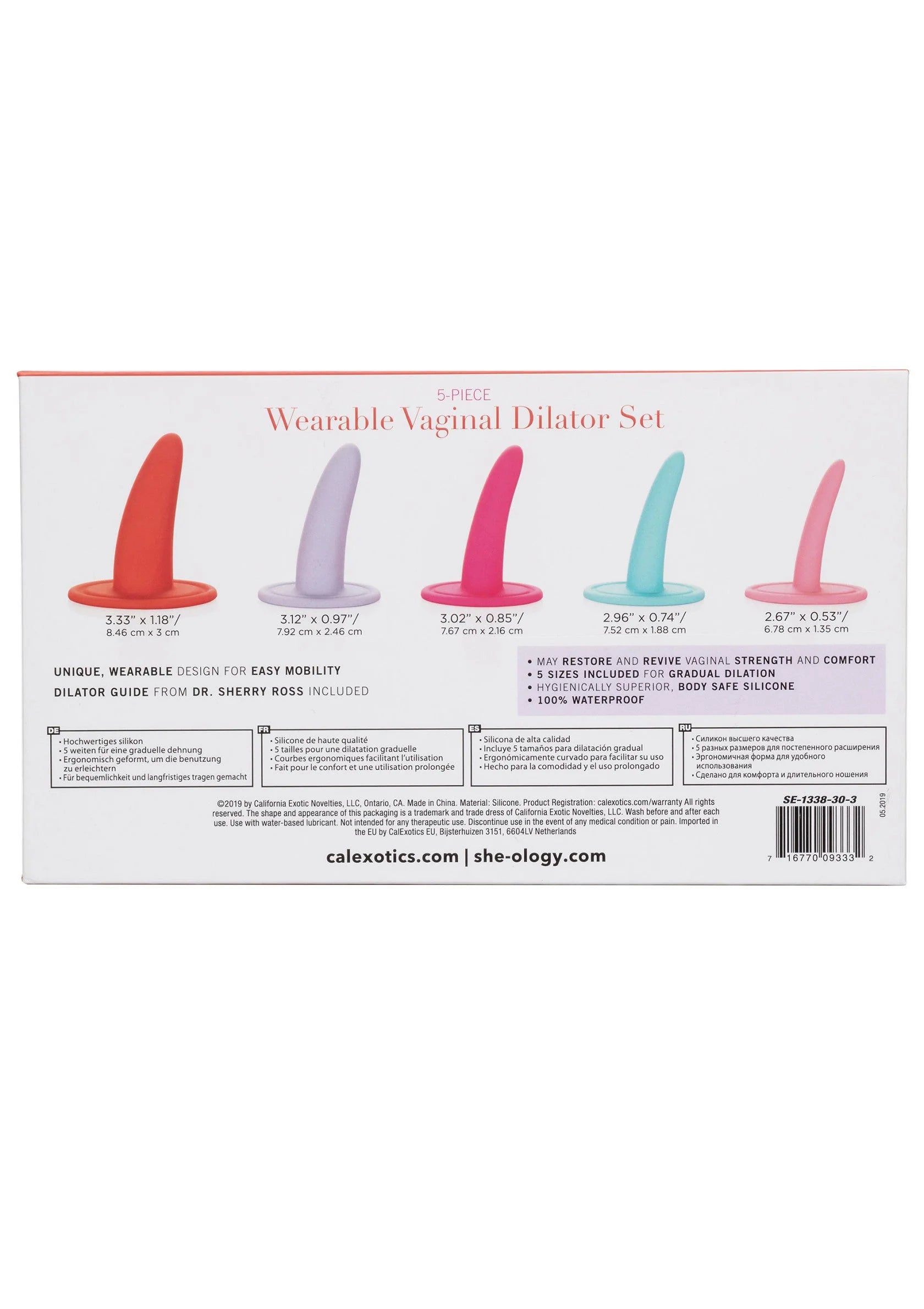 Achterzijde verpakking van she-ology 5-delige draagbare vaginale dilator set