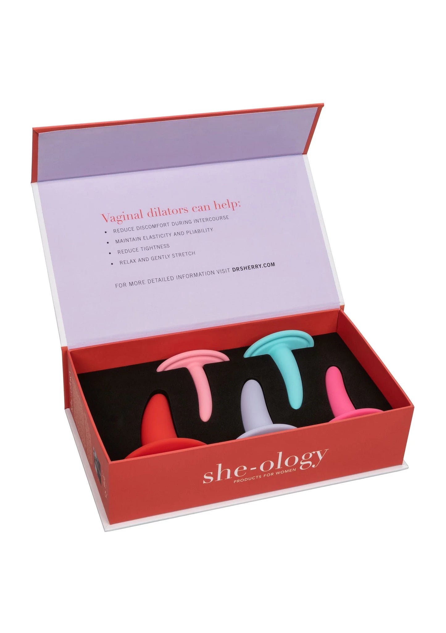 Doos met she-ology draagbare vaginale dilators, vijf gekleurde siliconen exemplaren