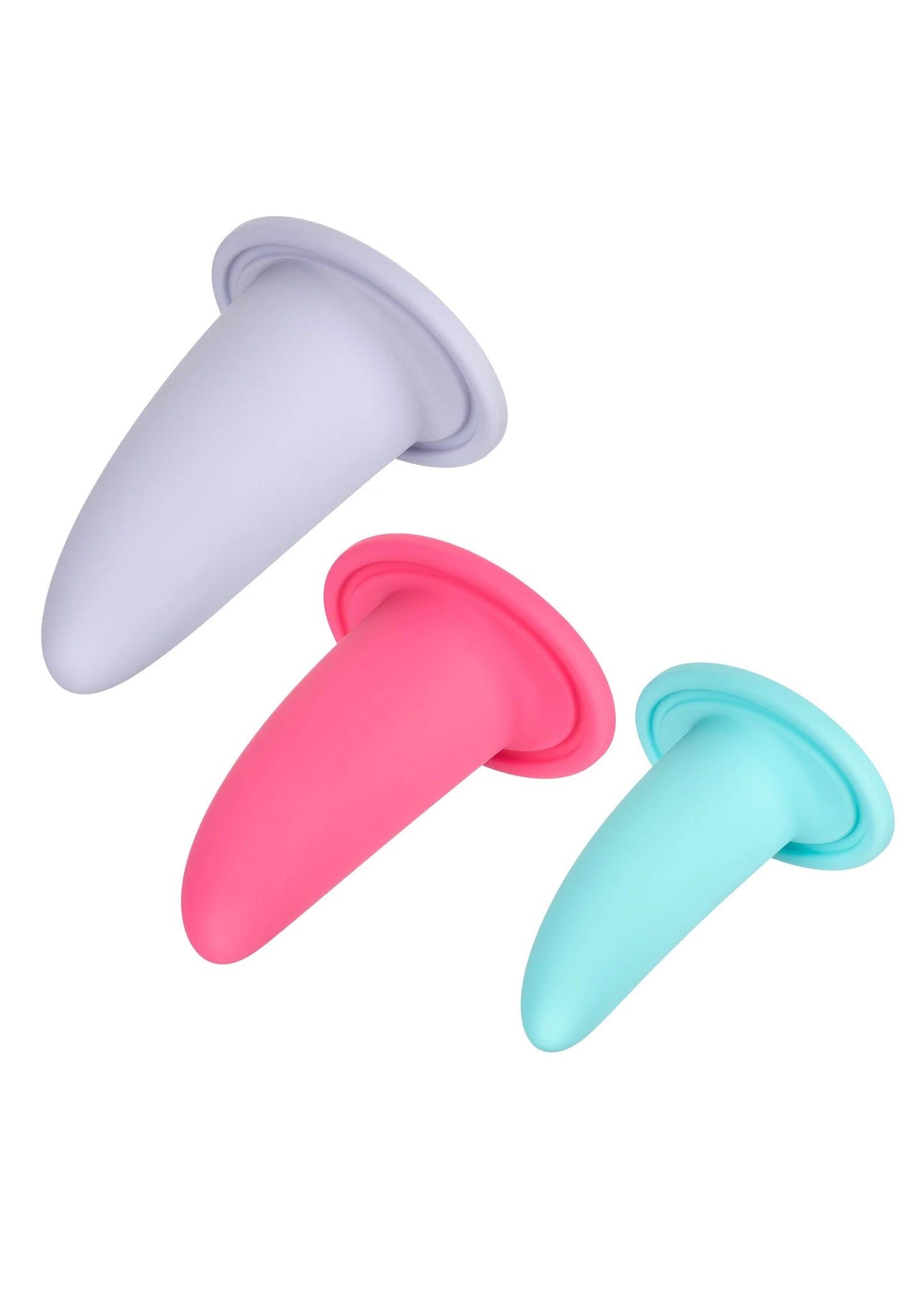 Drie draagbare vaginale dilatatoren met brede basis in paars, roze en blauw