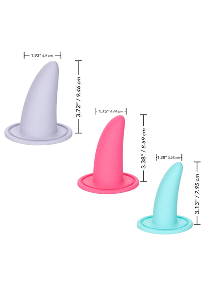 Set van drie draagbare vaginale dilatatoren in paars, roze en blauw