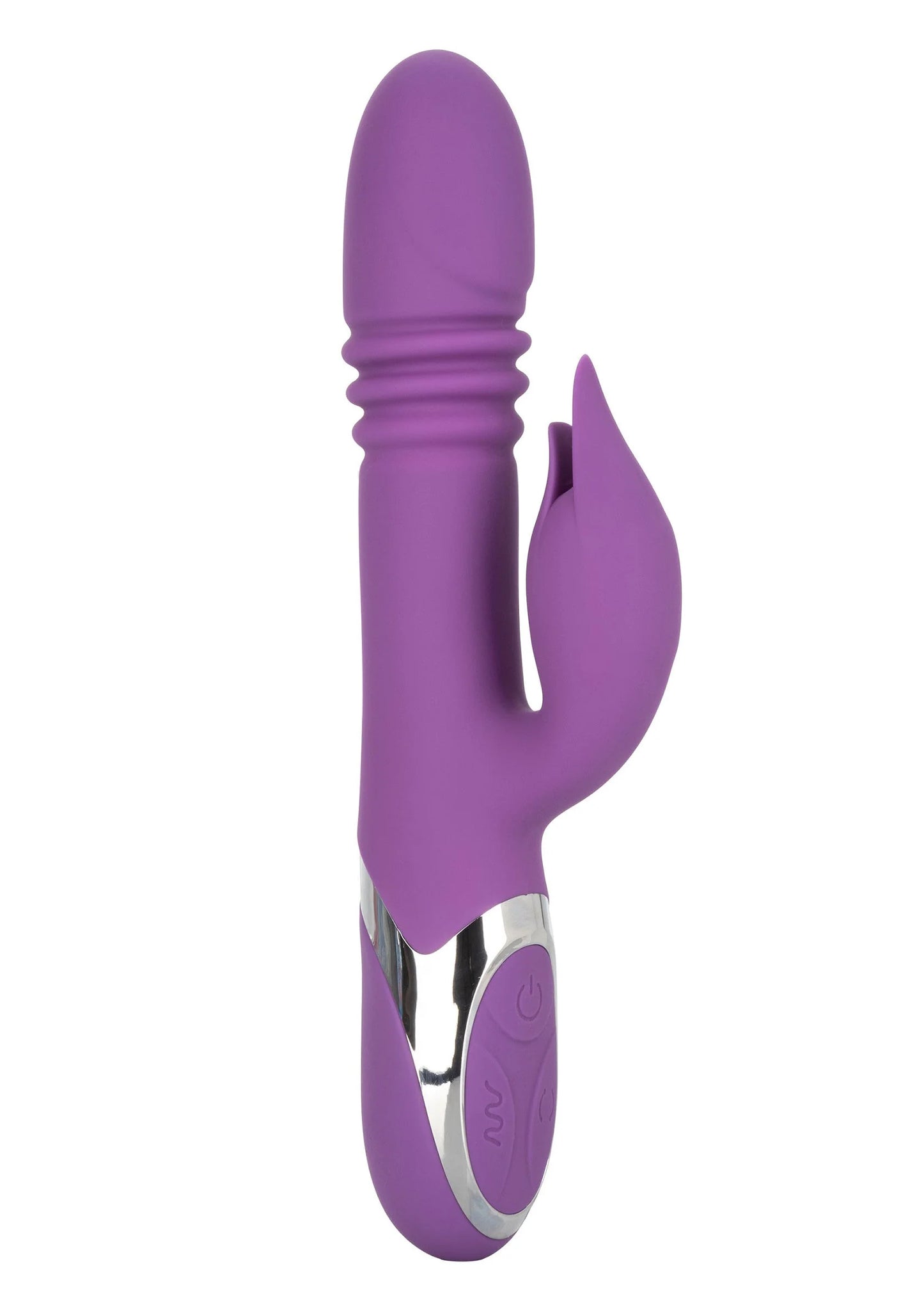 Paarse roterende vibrator met tongvormig opzetstuk en zilveren onderkant