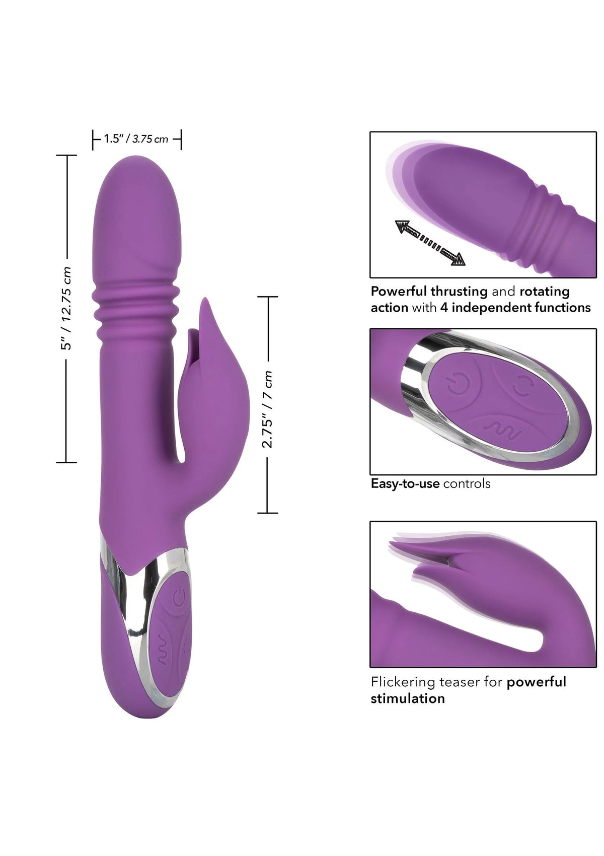 Paarse kisser-vibrator met zilveren inzet en toetsen, zijdelingse productweergave
