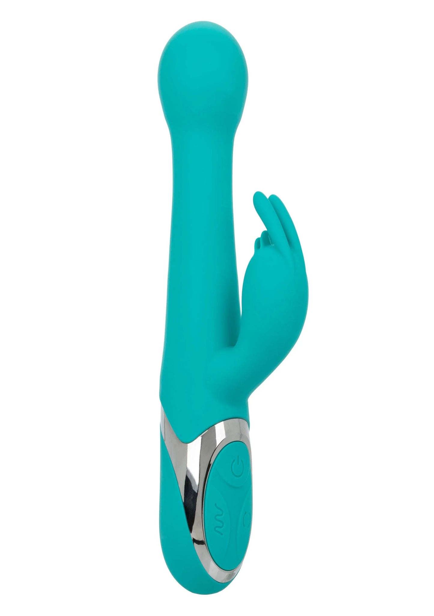 Teal dubbele vibrator met twee koppen en roestvrij ogende onderrand.