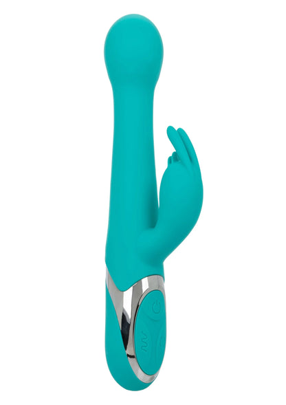 Teal dubbele vibrator met twee koppen en roestvrij ogende onderrand.