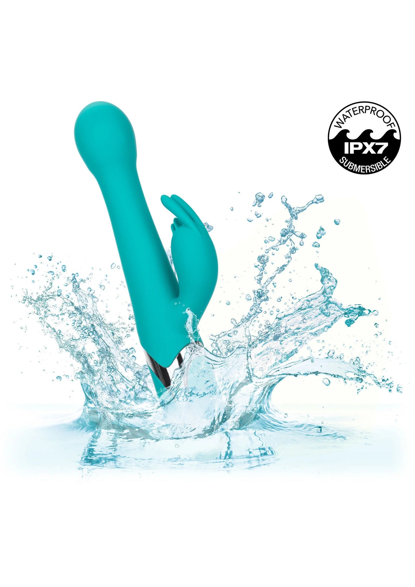 Teal dubbele vibrator in water met spetters; twee koppen zichtbaar.