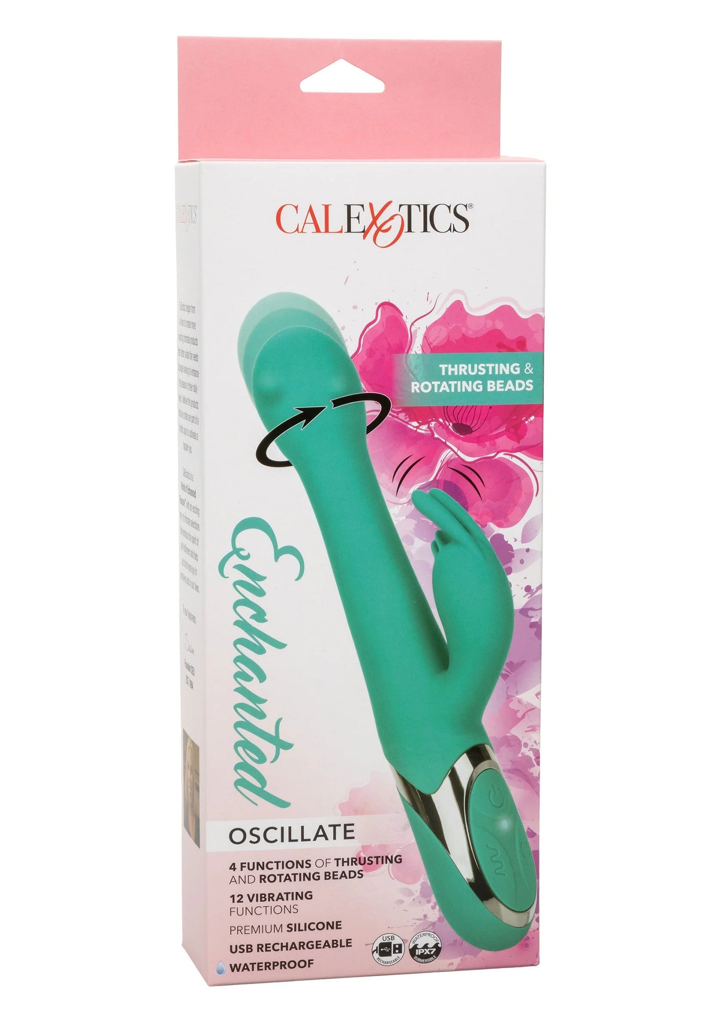 CalExotics verpakking voor teal dubbele vibrator met roterende stuwkoppen.