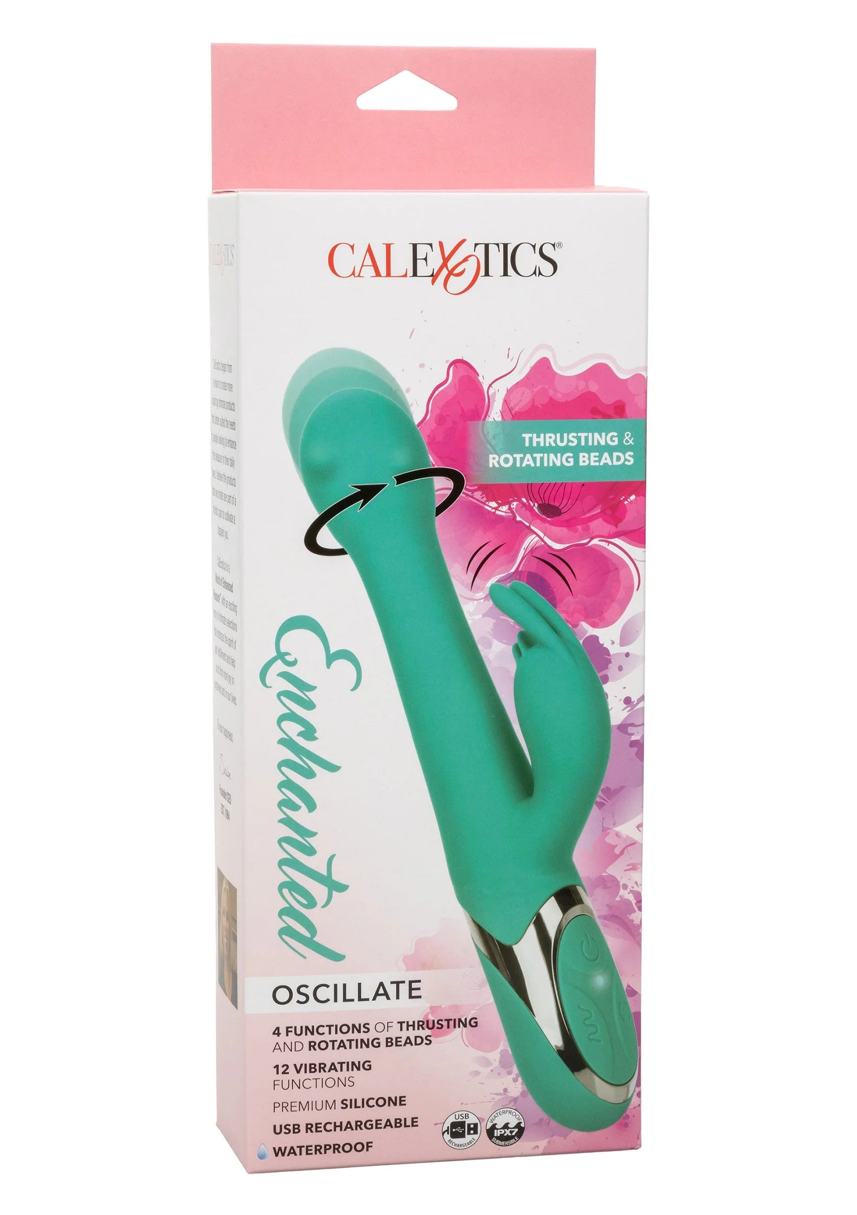 CalExotics verpakking voor teal dubbele vibrator met roterende stuwkoppen.