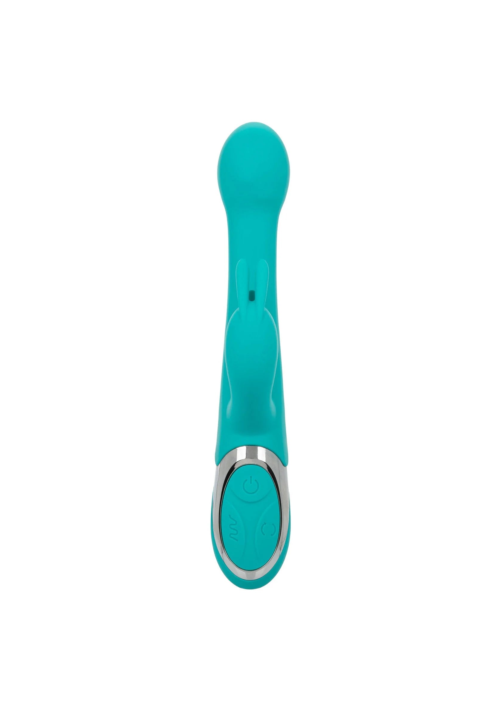 Teal dubbele vibrator recht van voren met bedieningsvlak in zilverkleurige rand.