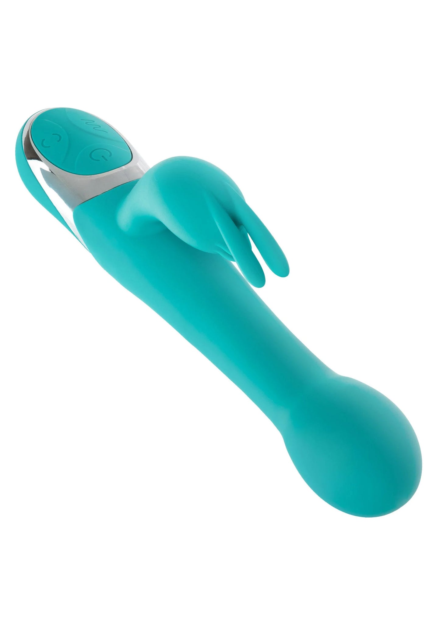 Teal dubbele vibrator schuin, met bedieningsvlak aan de zijkant en twee koppen.