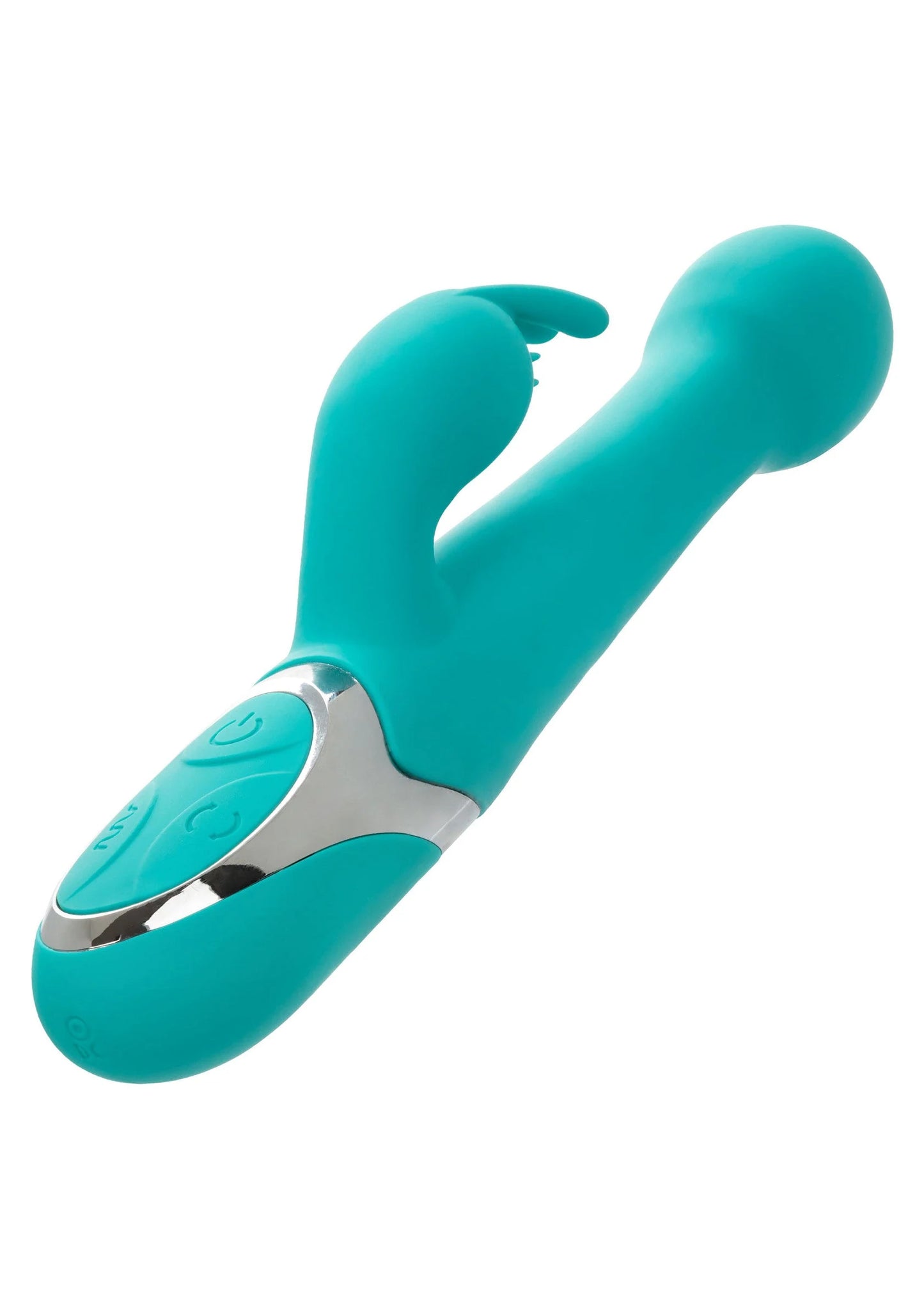 Teal dubbele vibrator, liggend model met twee zachte, gebogen uiteinden.
