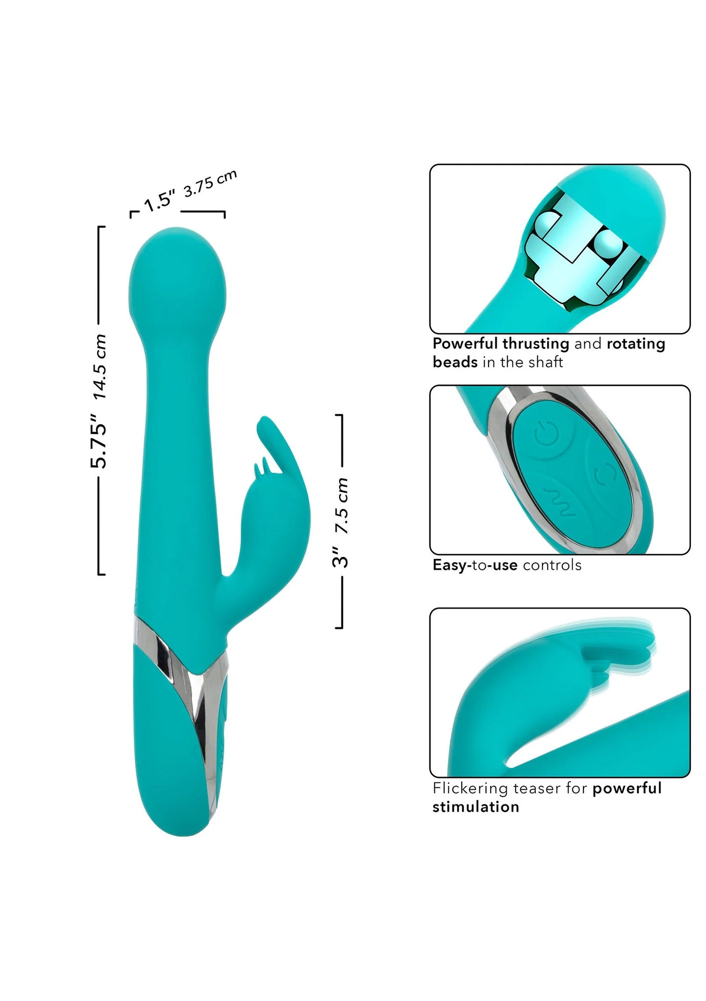 Teal dubbele vibrator met afgeschuinde onderzijde en twee uiteinden; maten zichtbaar.