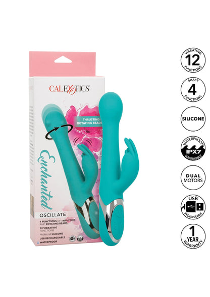 CalExotics doos met teal dubbele vibrator en cirkeliconen voor functies.