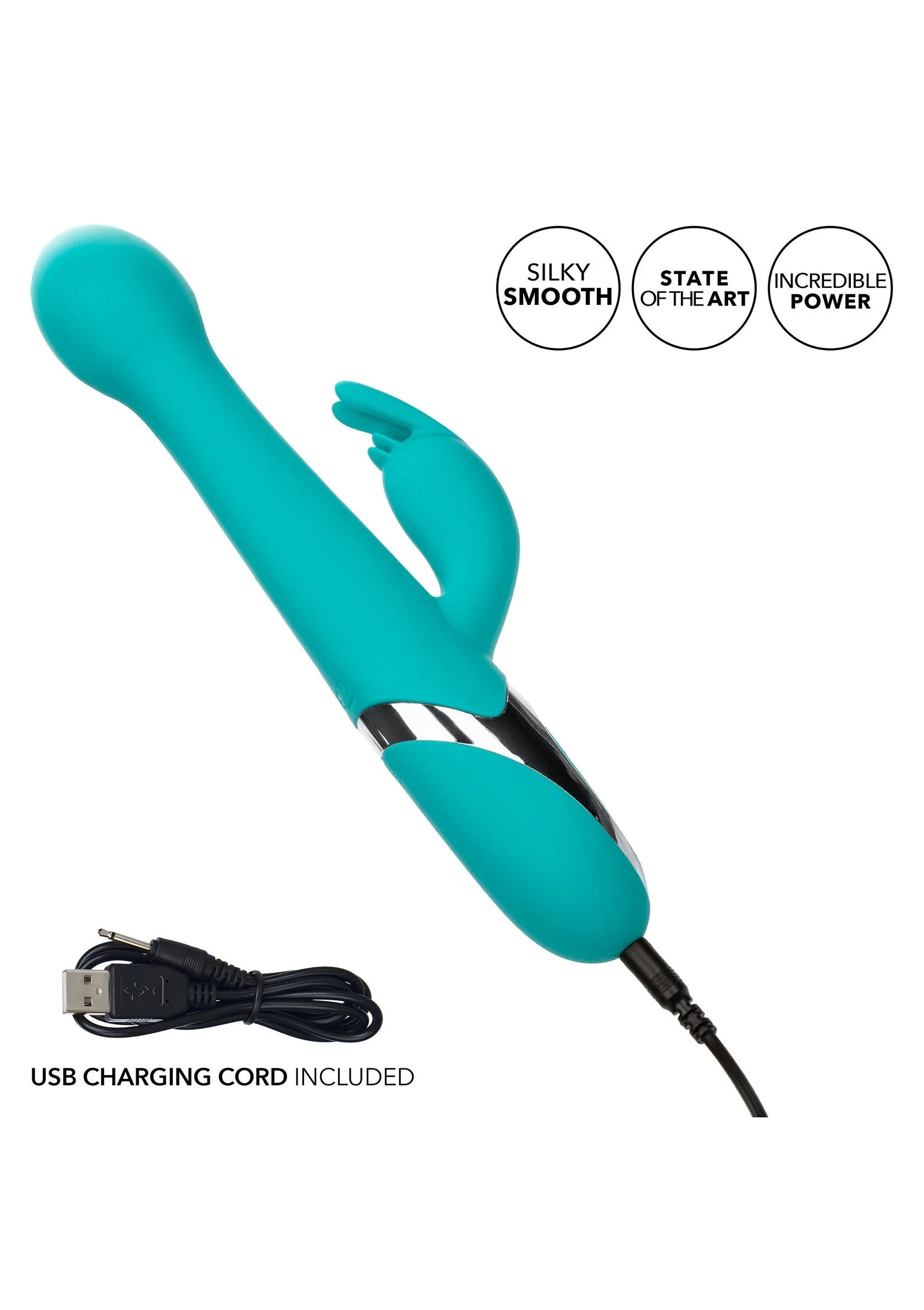 Teal dubbele vibrator met USB-kabel, twee koppen en ronde bedieningszone.