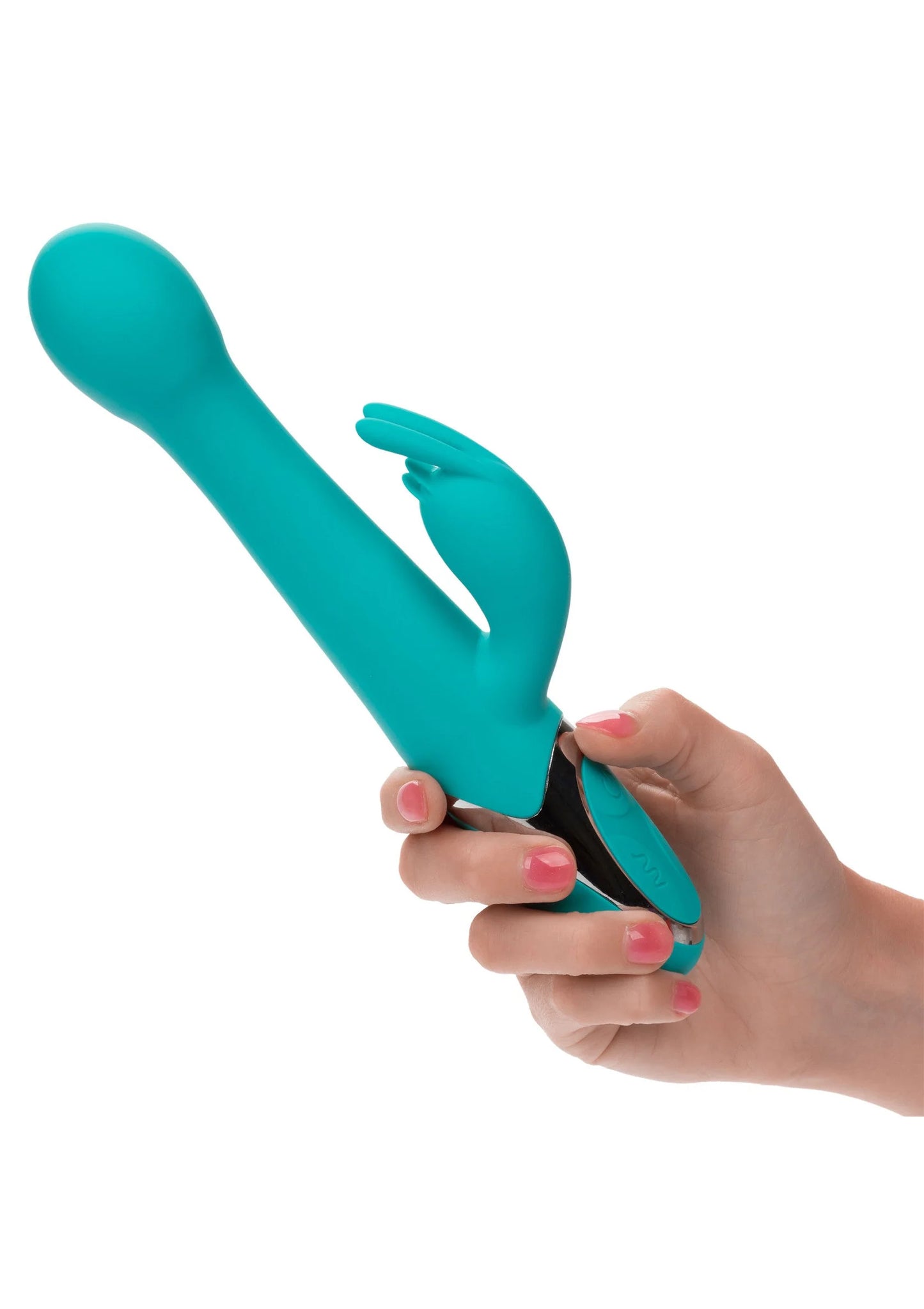 Teal dubbele vibrator met handbediening bij de basis; één zij-arm omhoog.