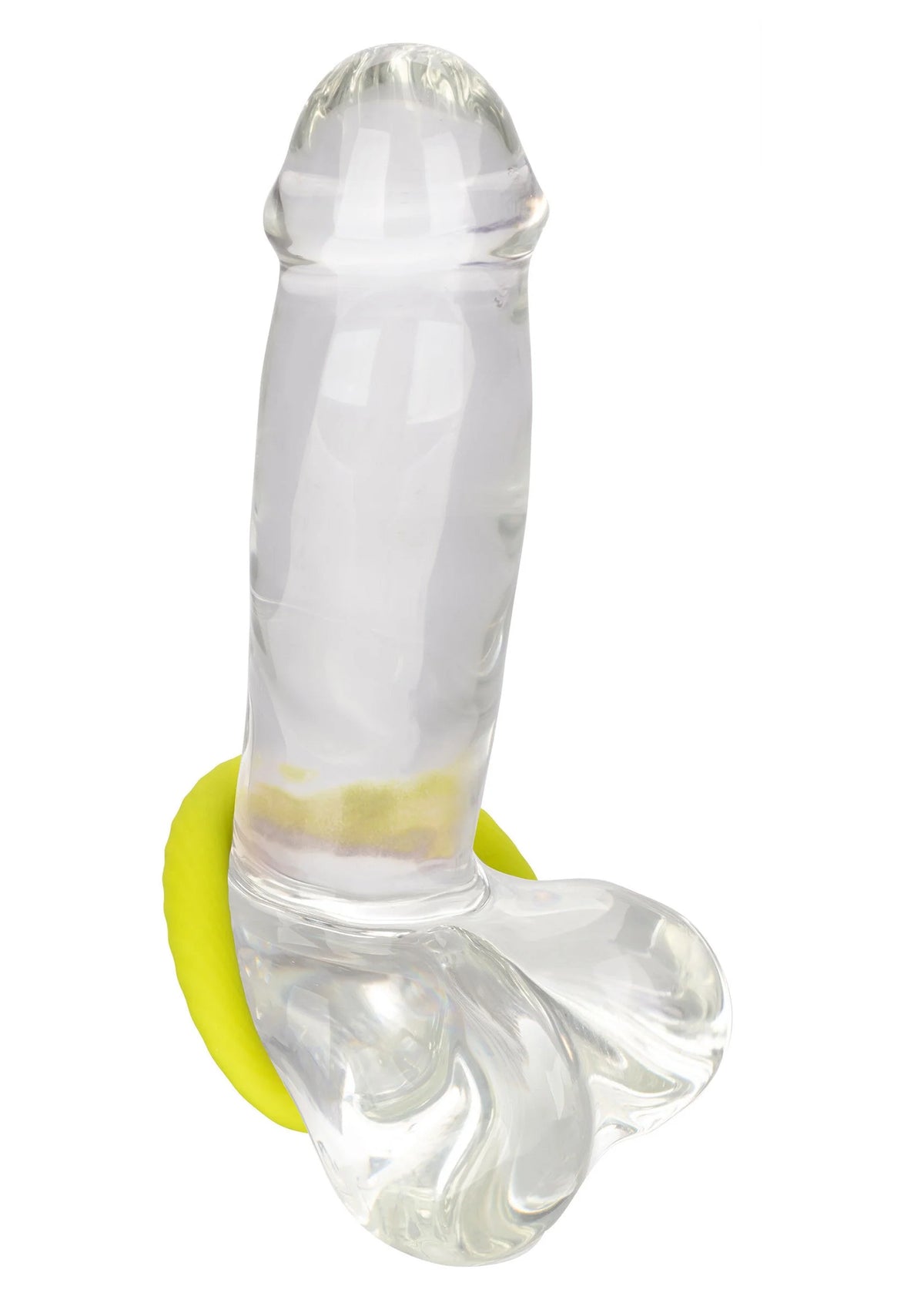 Gele siliconen ring om een transparante dildo, ringdetail duidelijk zichtbaar.