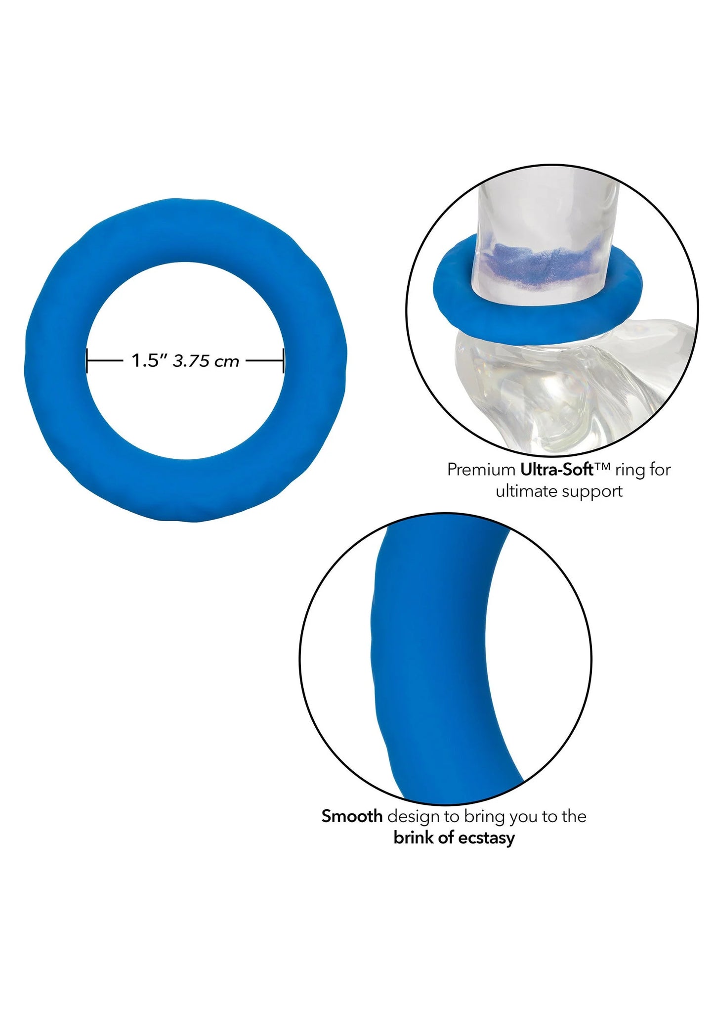 Blauwe cockring met afmetingen 1,5 en 3,75 cm