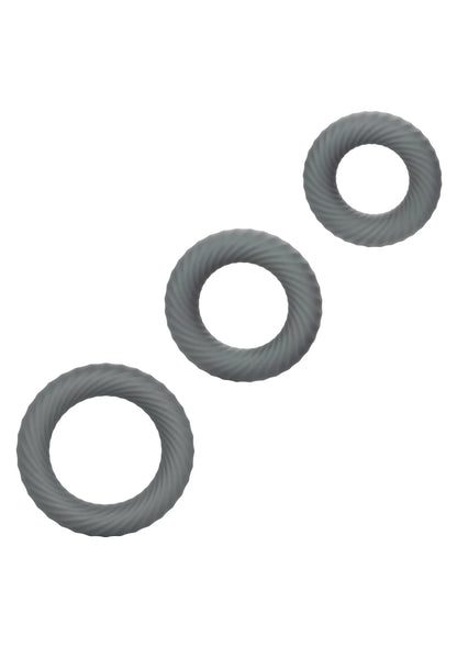 Cockring set, drie losse ringen van grijs, geribbelde siliconenlook