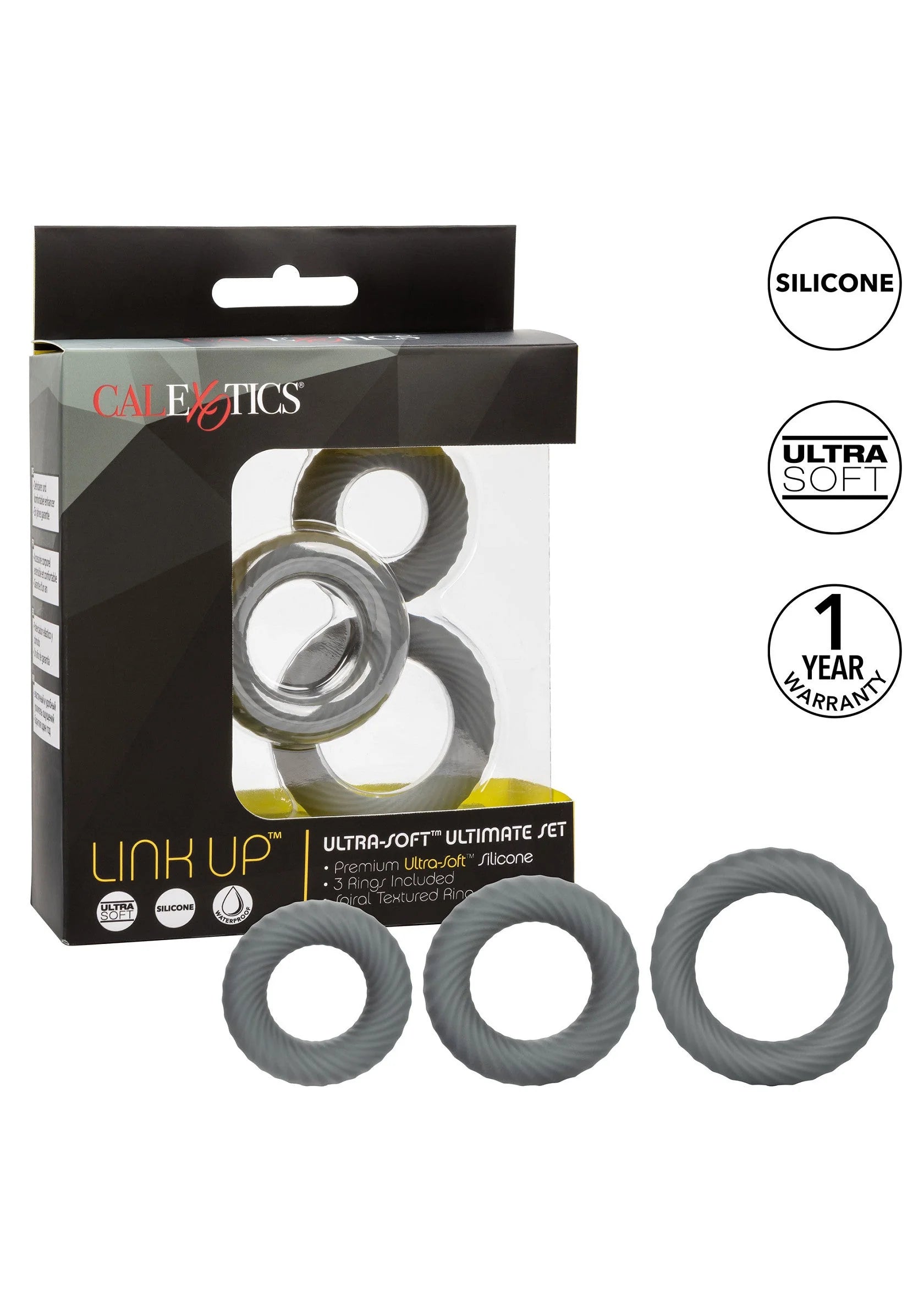 CalExotics Link Up Ultra-Soft cockring set, 3 siliconen ringen, grijs