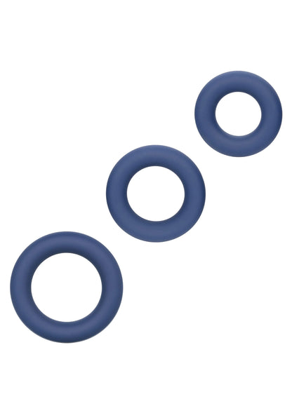Blauwe siliconen cockringset met drie ringen in ronde vorm