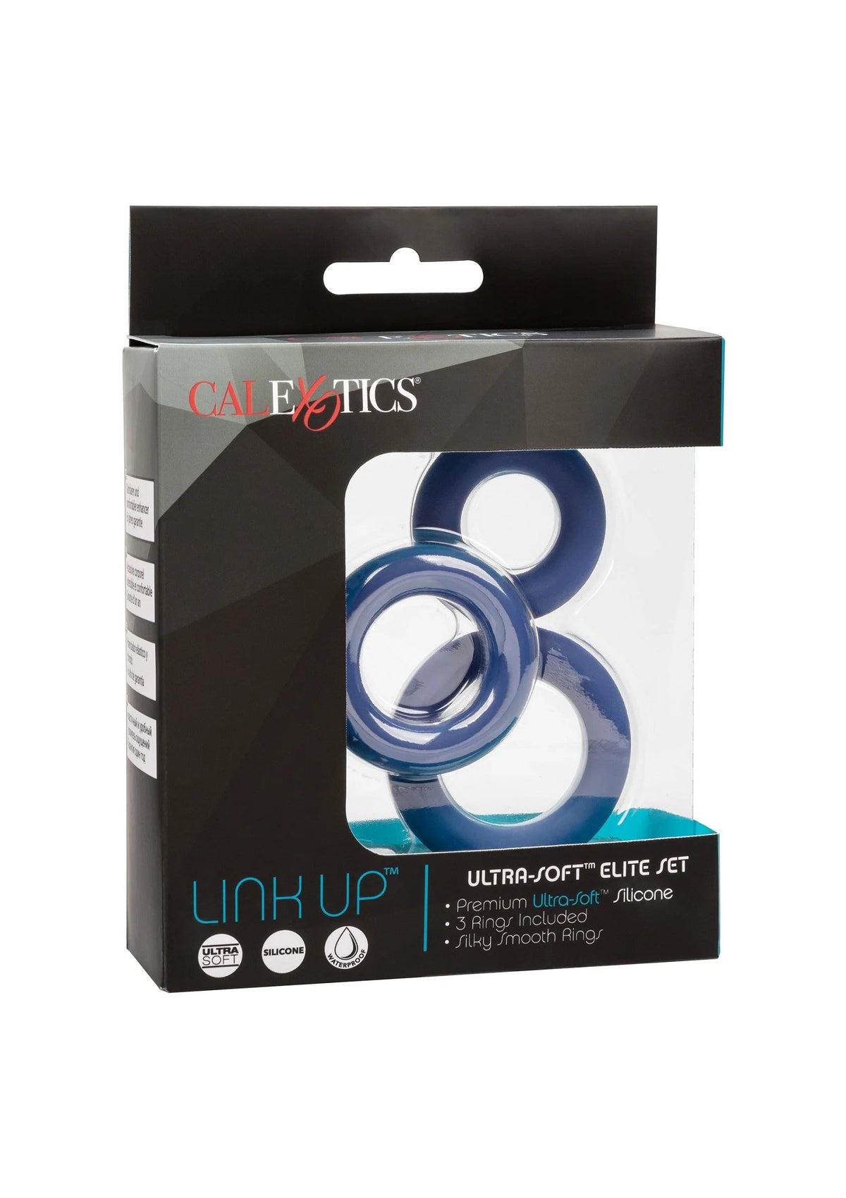 CalExotics Link Up Ultra-Soft Elite set doos met 3 blauwe siliconen ringen