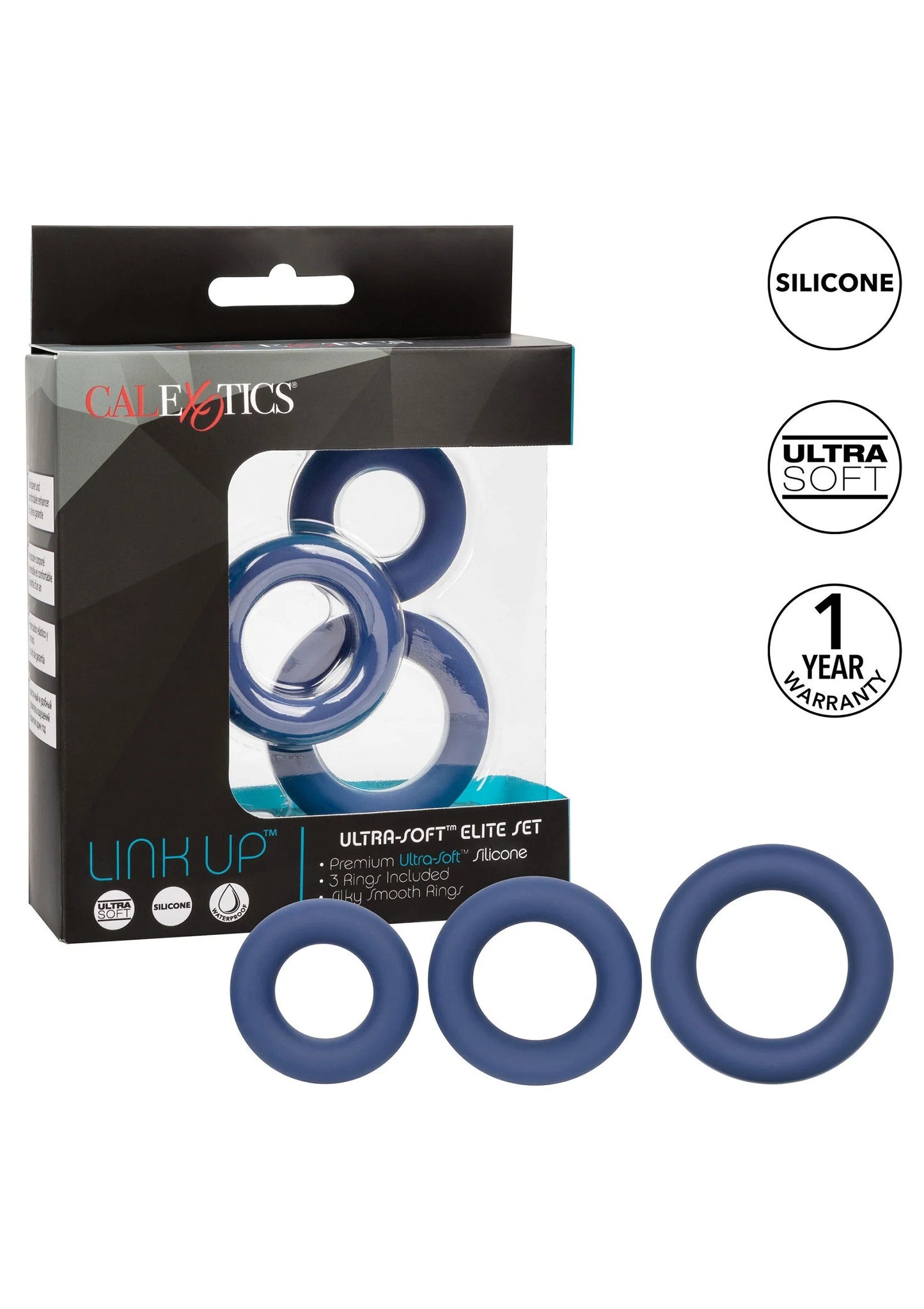 CalExotics Link Up Ultra-Soft Elite set: doos en drie blauwe siliconen ringen