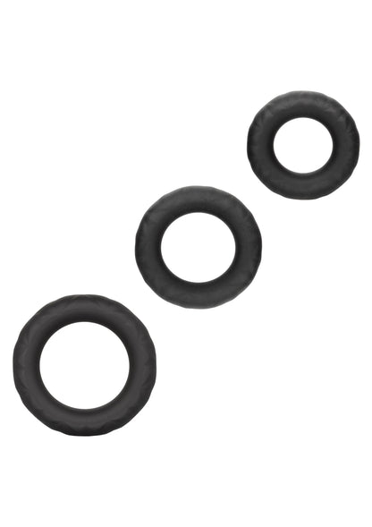 Cockringenset met drie zwarte, zachte ringen, rond met open midden.