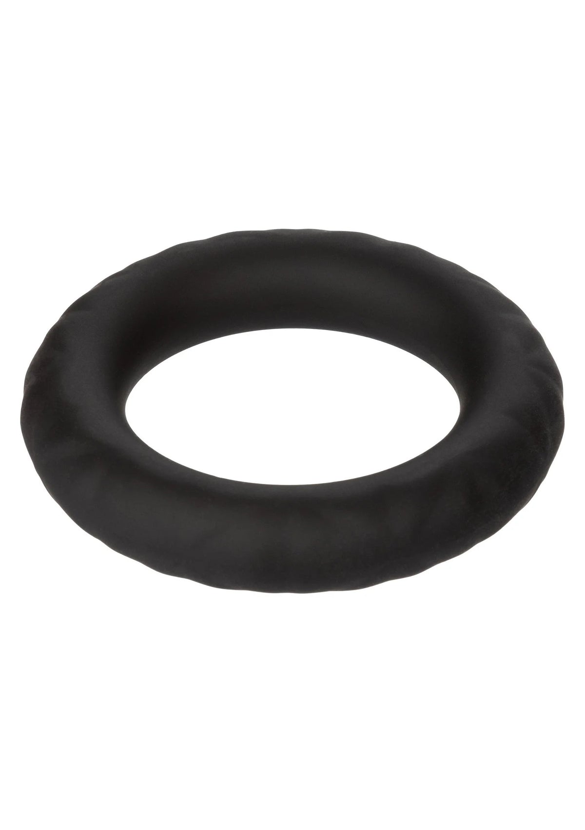 Zwarte, zachte cockring met afgeronde vorm en open midden.