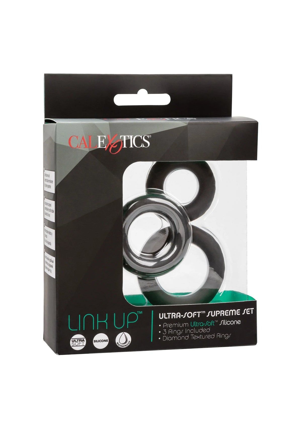 Verpakkingsdoos van CalExotics met ultra-soft Supreme Jet cockringenset en ringen.