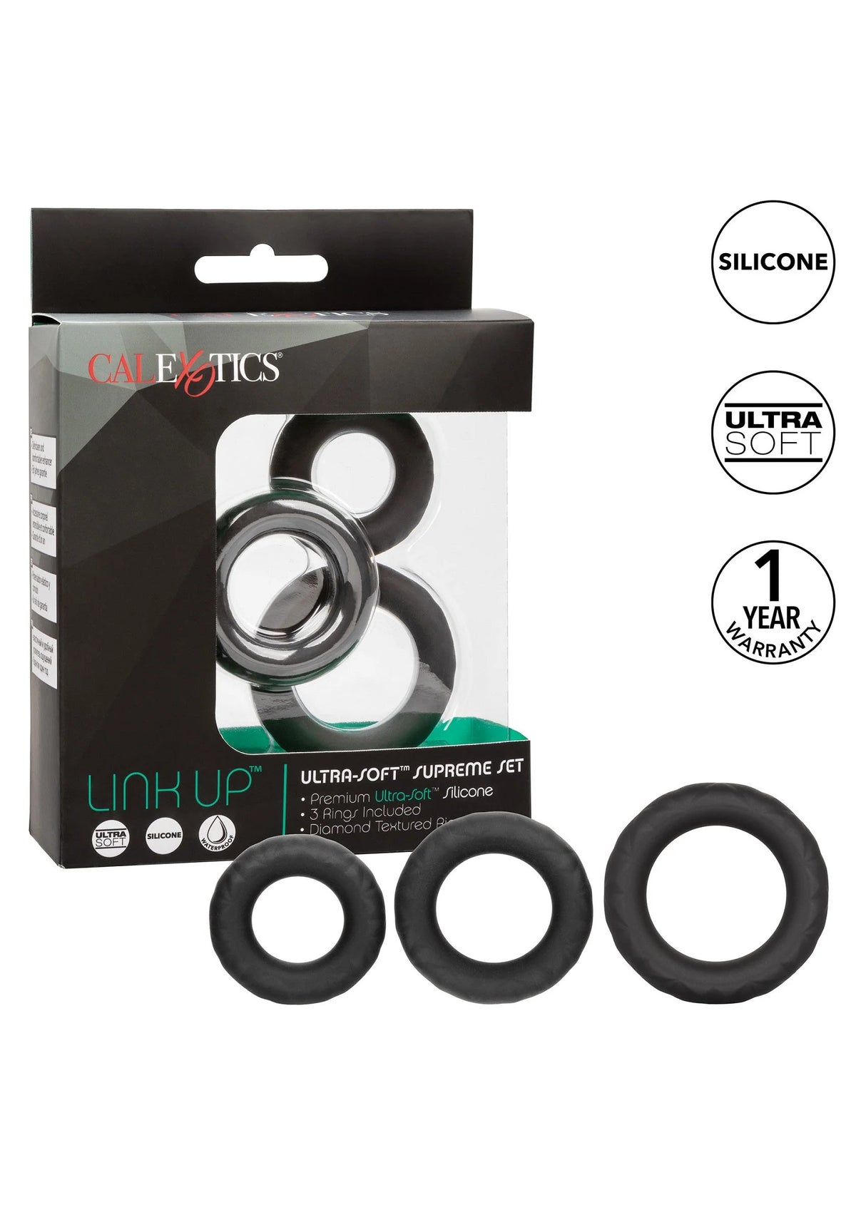 CalExotics verpakt cockringenset Link Up met drie zwarte ringen, productfoto.