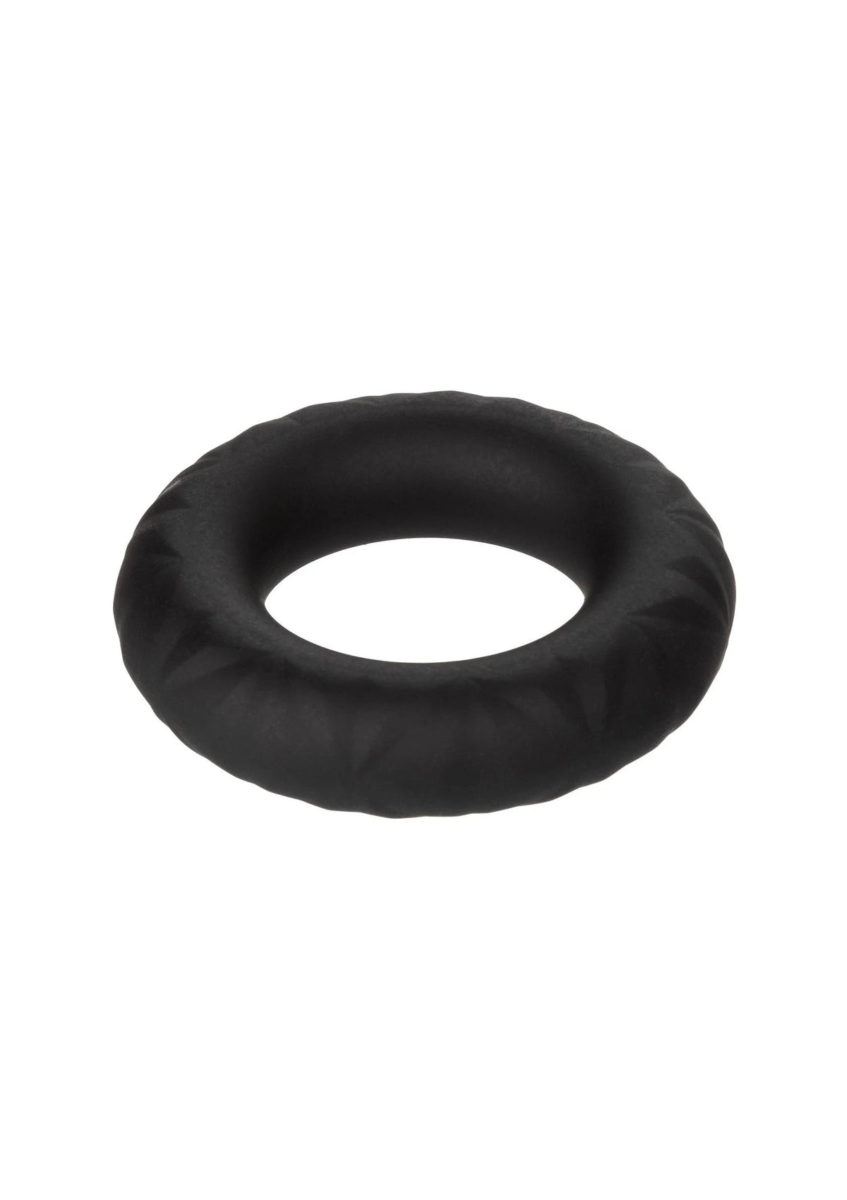 Zwarte, zachte cockring met open midden en glad ogende buitenkant.