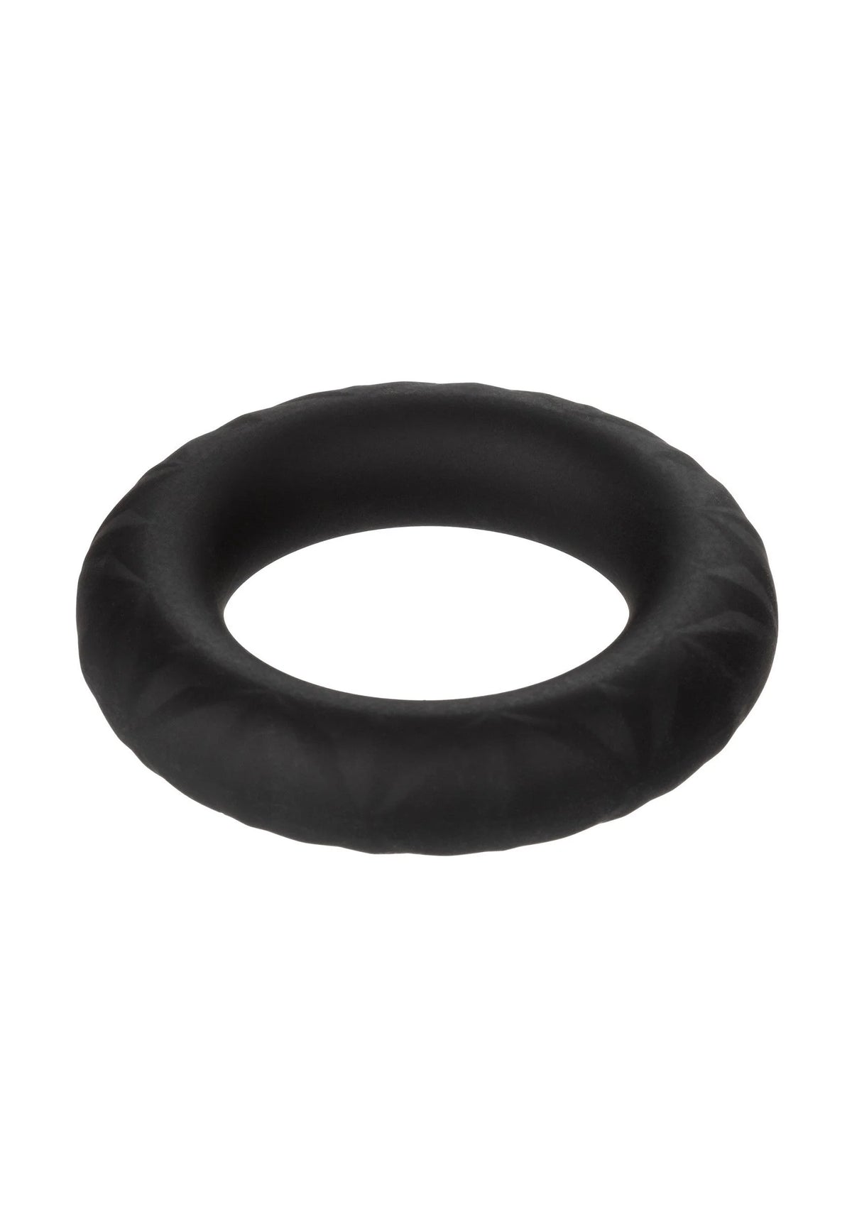 Zwarte cockring met zachte structuur en rond open midden, close-up.