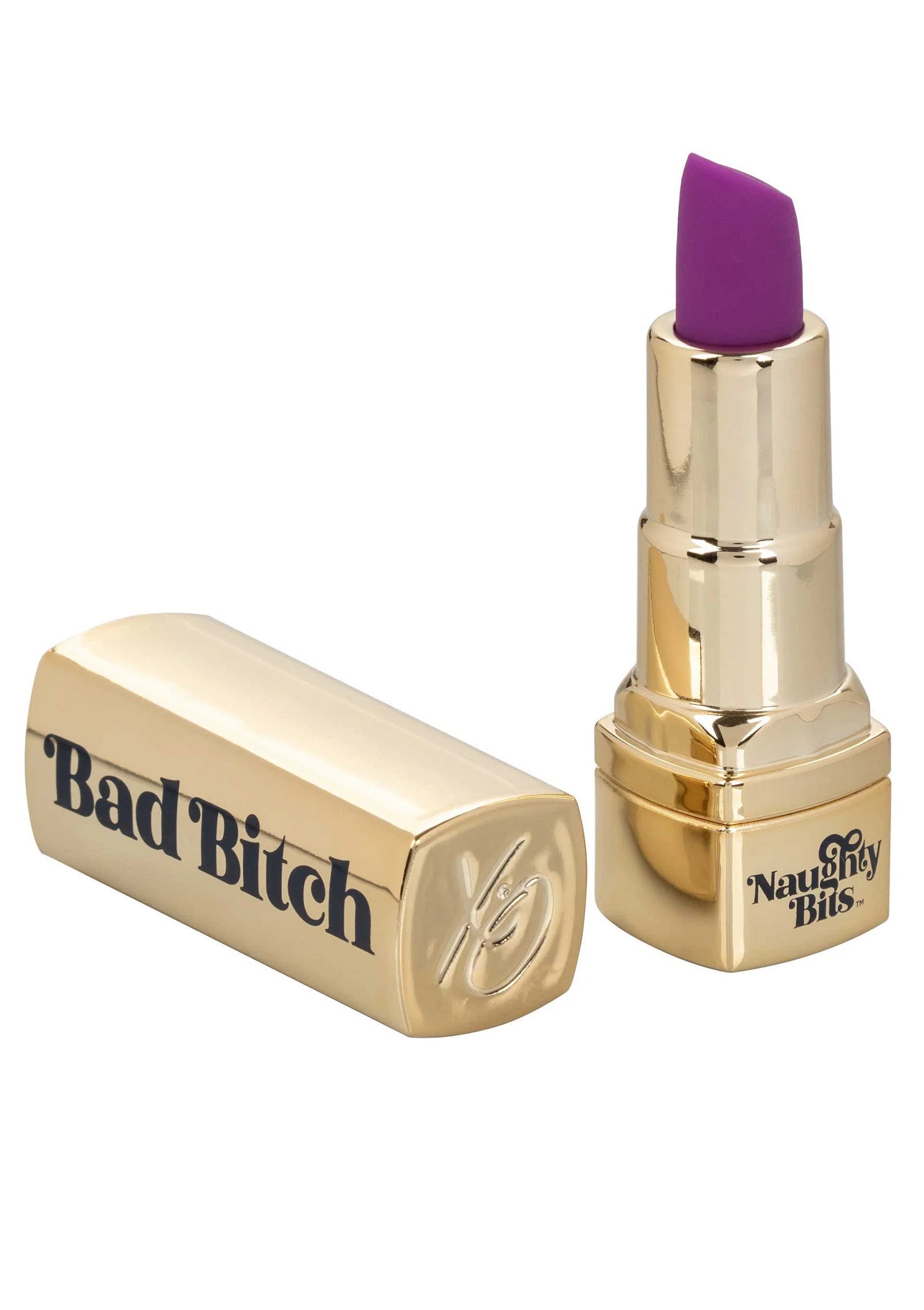 Lipstick-vibrator in goud met paarse dop, naast elkaar liggende onderdelen